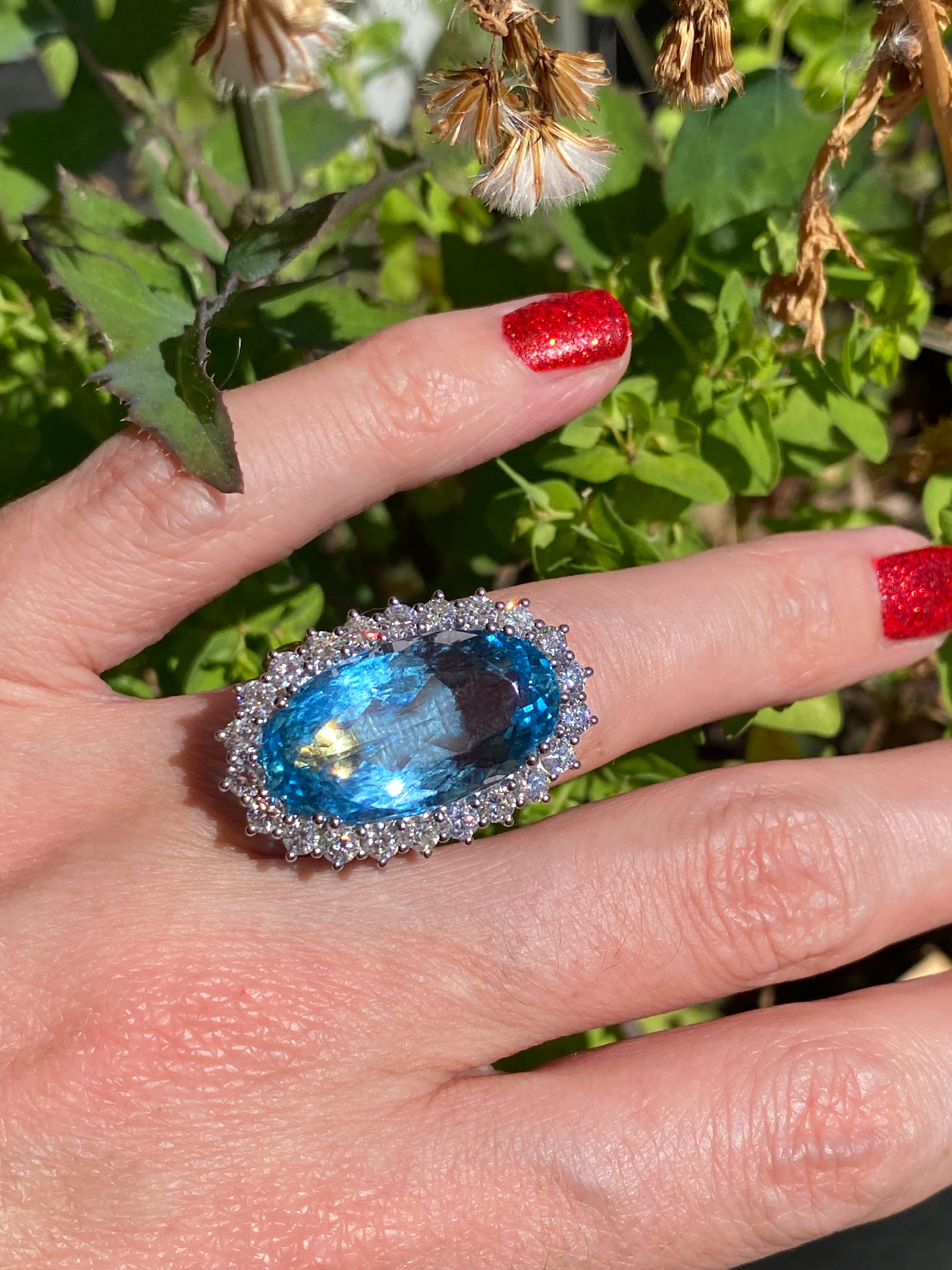 15.48 Carat Certified Santa Maria Aquamarine and 1.87ctw Natural Diamond Halo Ring in Platinum