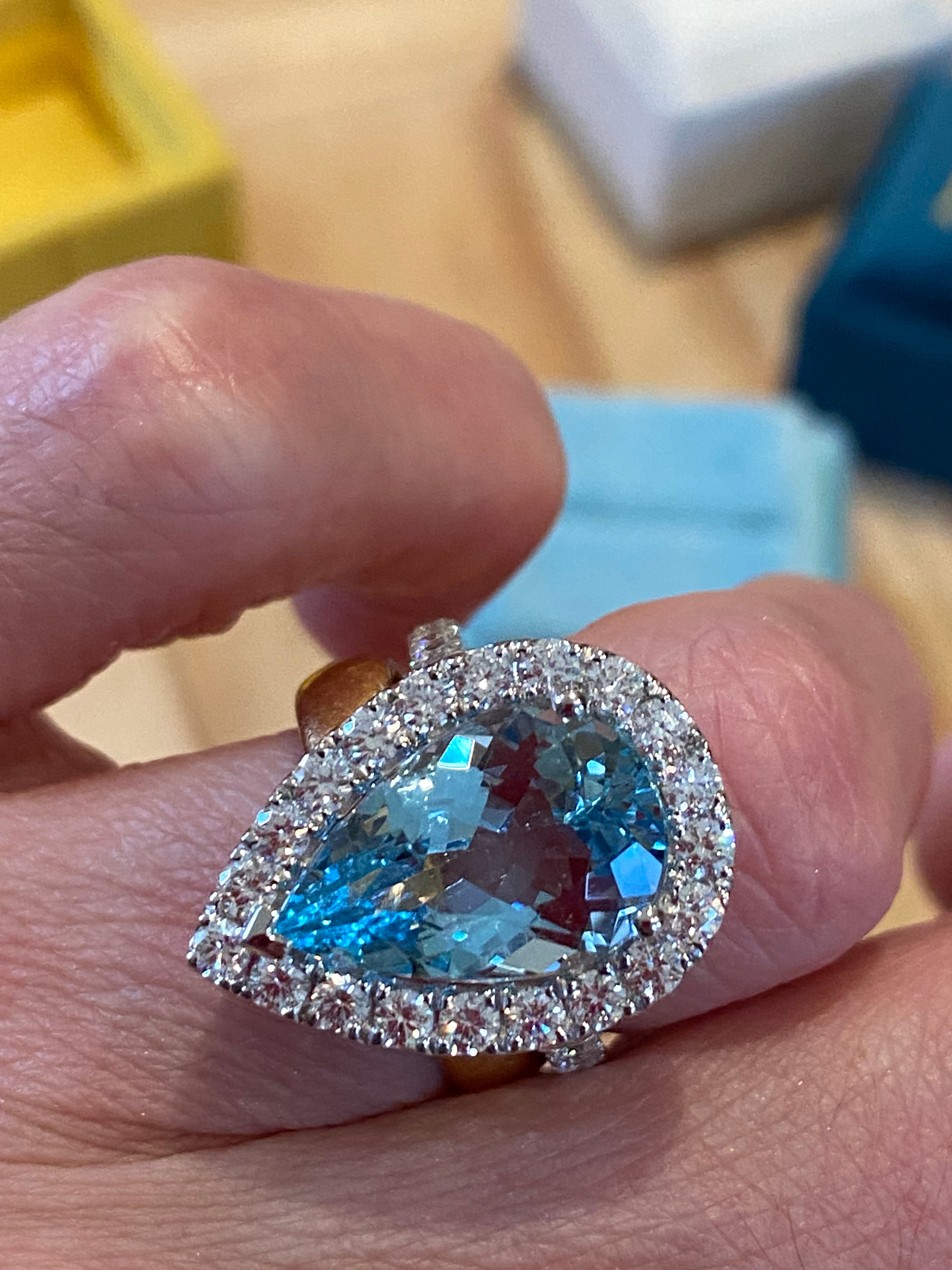 5.36 Carat Pear Cut Aquamarine and 1.38ctw Natural Diamond Ring in Platinum