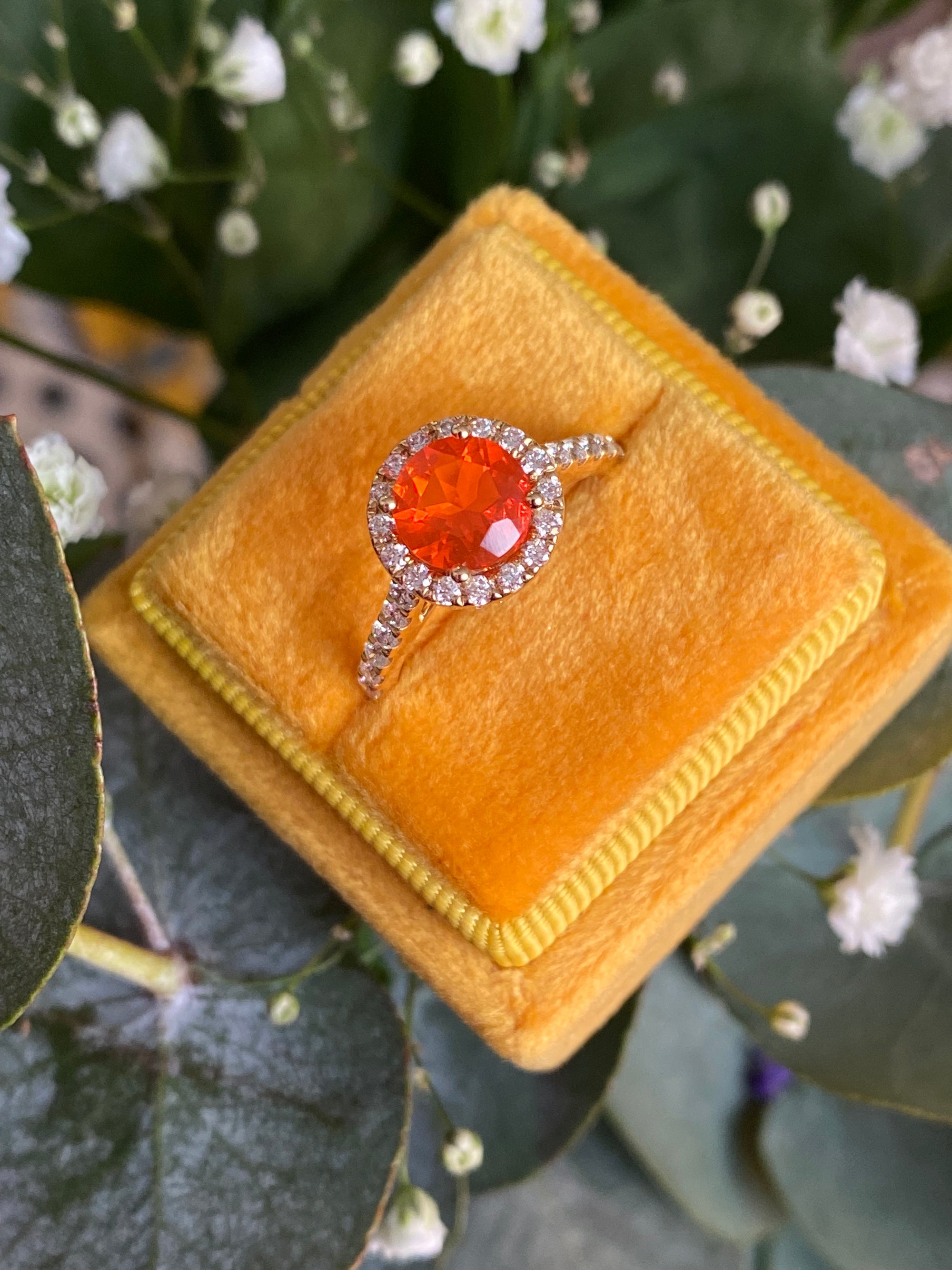 1.37 CTW Fire Opal and Natural Diamond Halo Ring in 18ct Yellow Gold