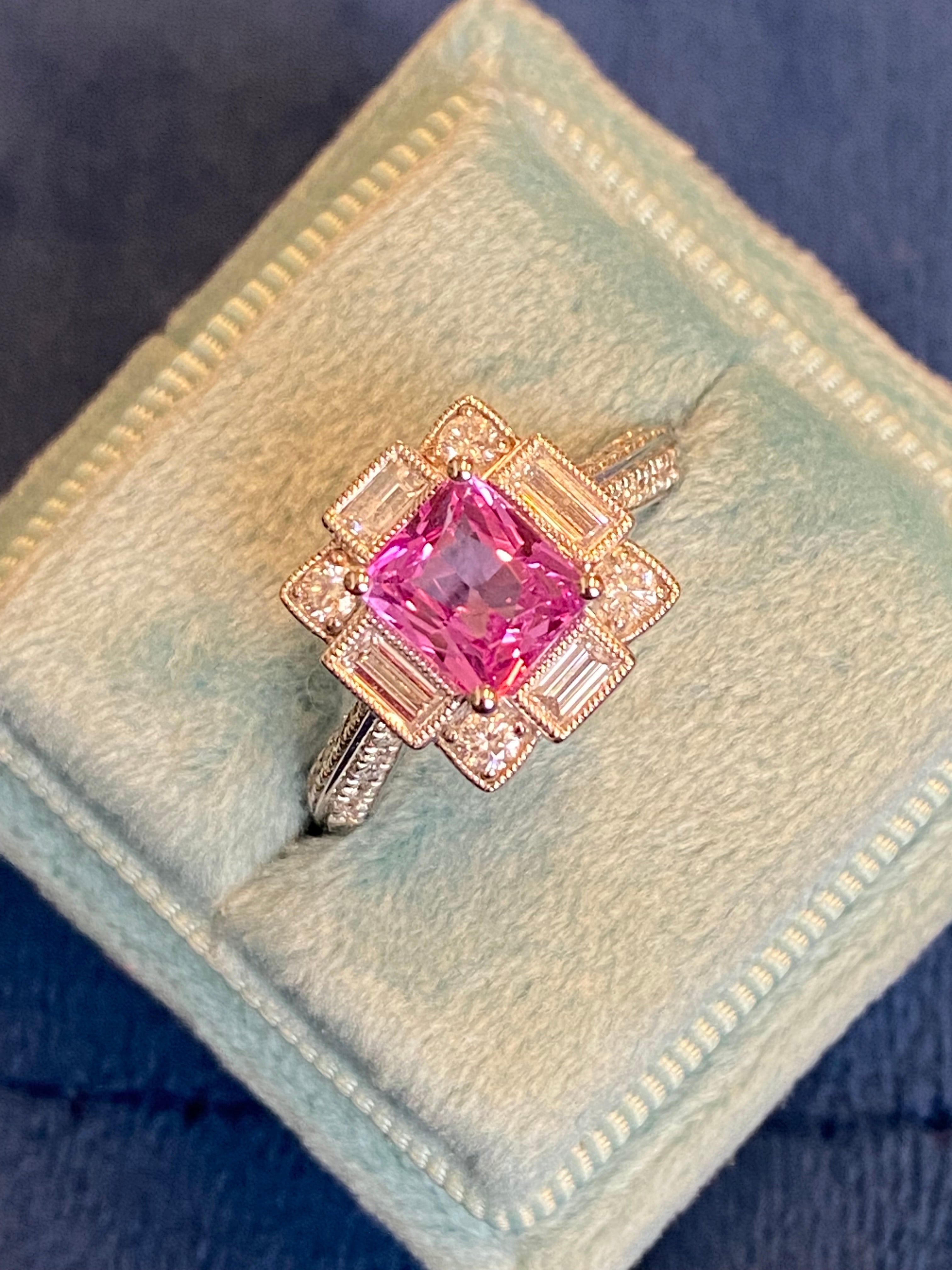 Candy Pink Sapphire Art Deco Style Ring in Platinum