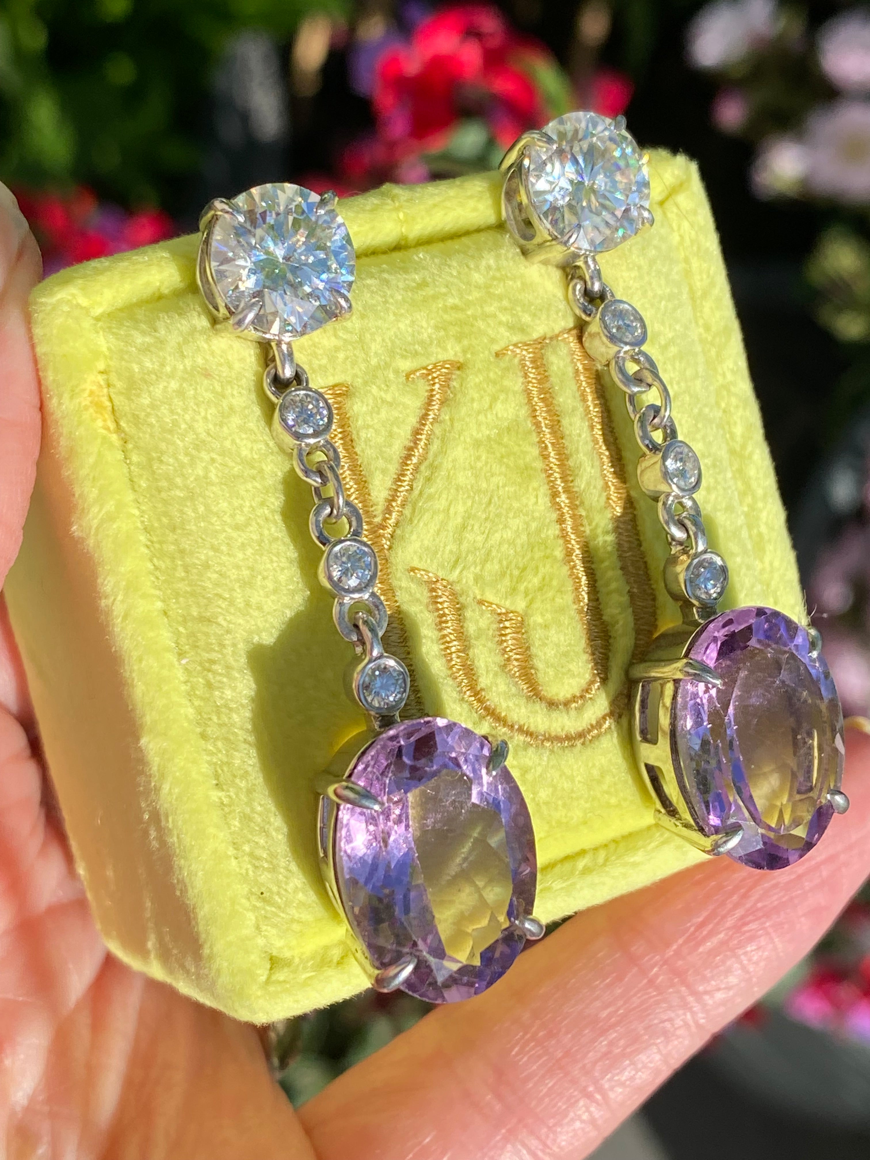 28.00 Carat Oval Cut Rose de France Amethyst and Moissanite Earrings in Sterling Silver