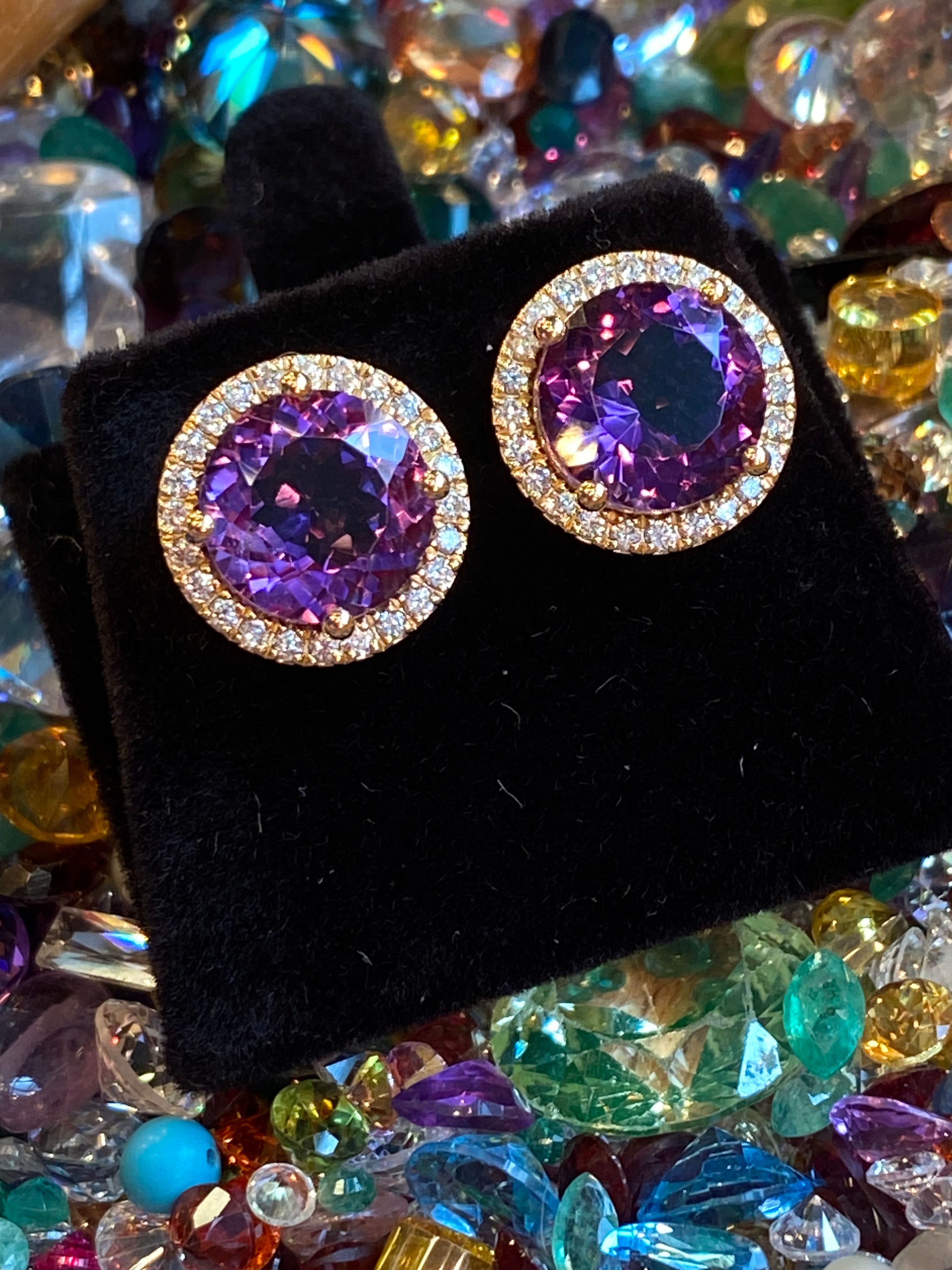 5.28 CTW Amethyst Natural Diamond Halo Stud Earrings in 9ct Yellow Gold