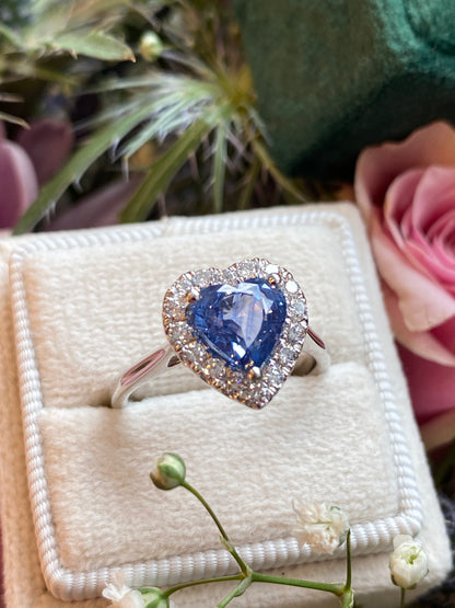 2.06 Carat Heart Shape Ceylon Sapphire and Natural Diamond Halo Ring in Platinum