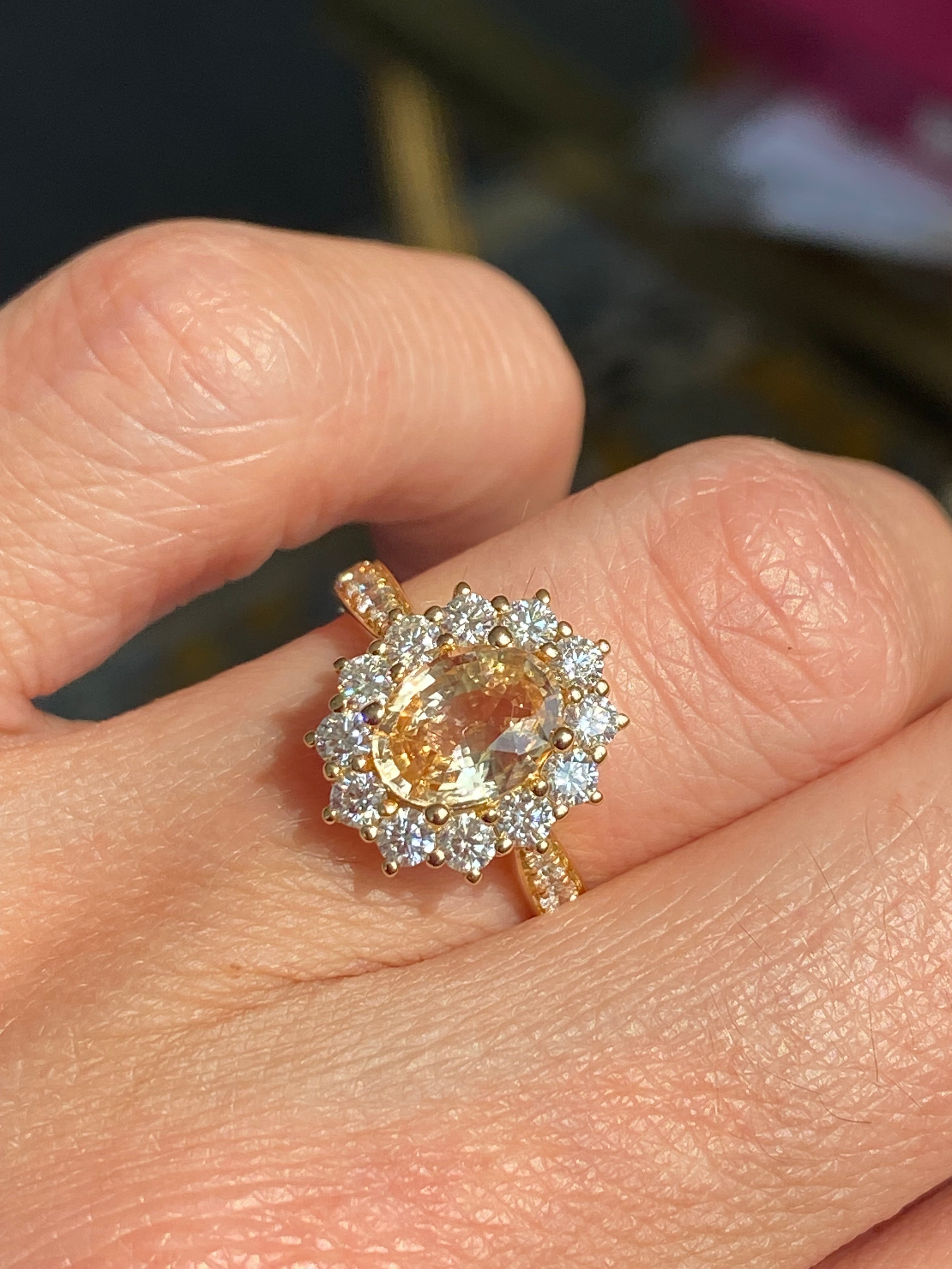 2.24 CTW Peach Sapphire and Natural Diamond Halo Ring in 18ct Yellow Gold