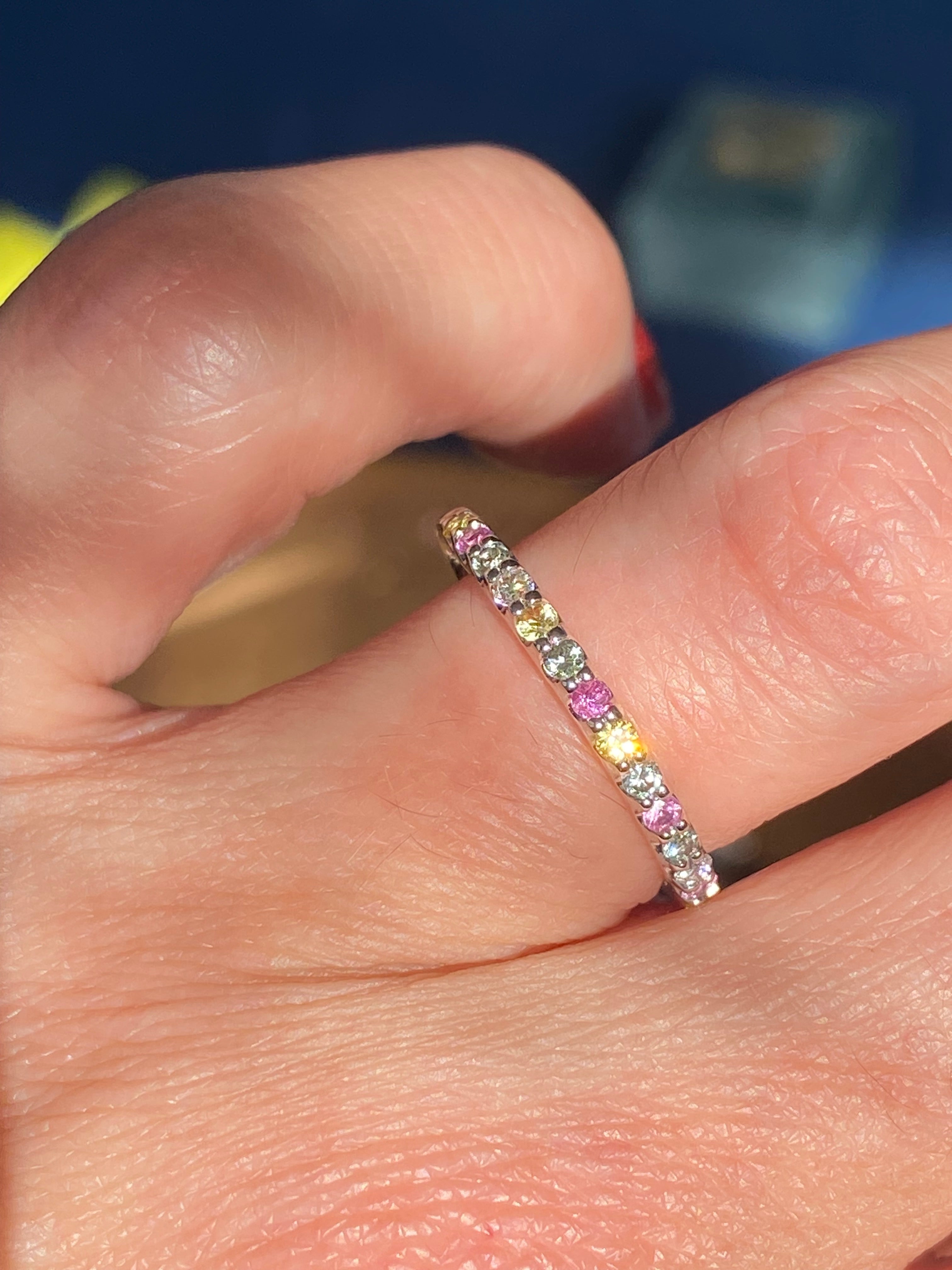 0.37 CTW Sweetshop Yellow, Pink, and Green Sapphire, and Natural Diamond Eternity Ring in 18ct White Gold