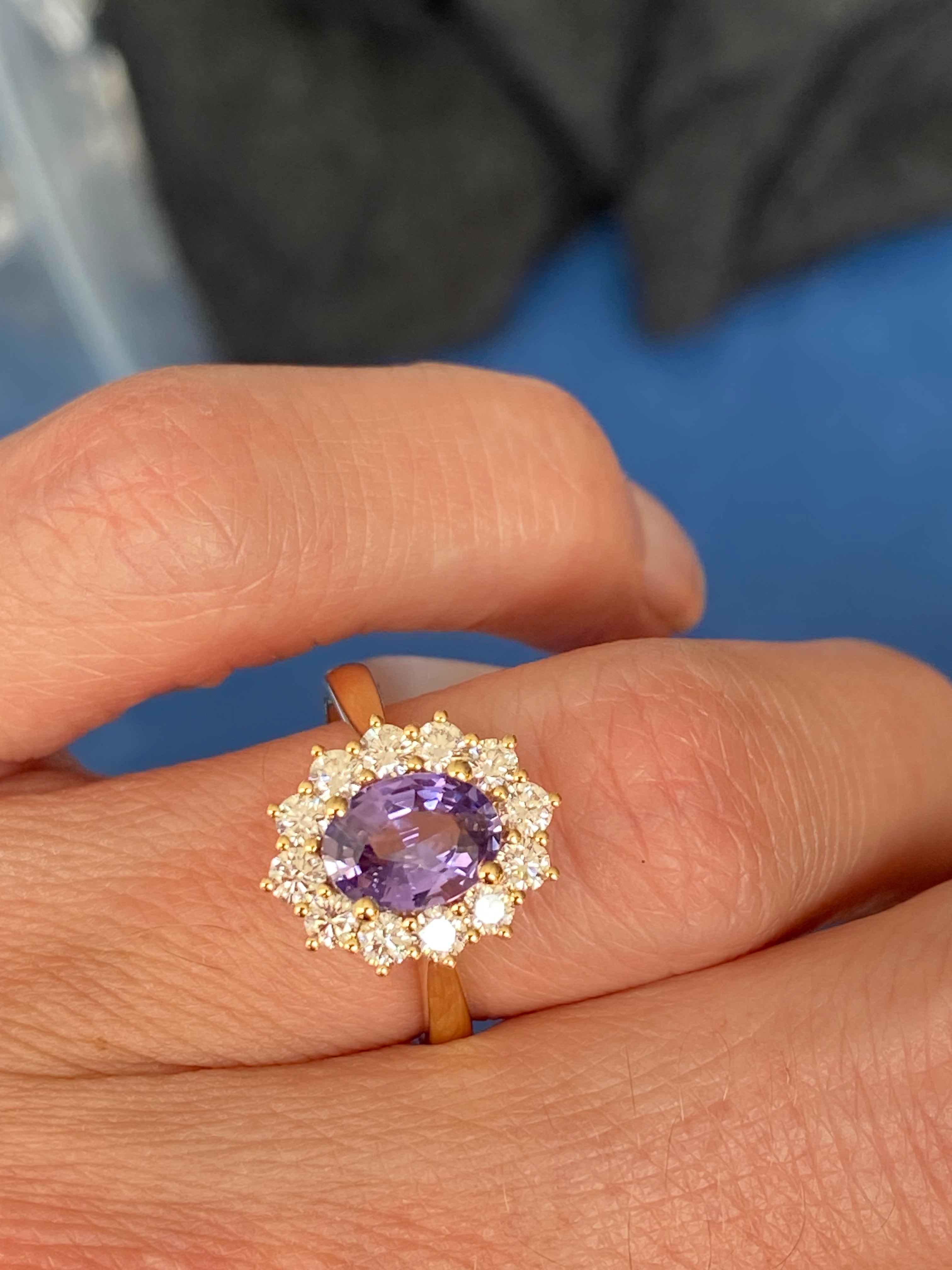 2.08 CTW Violet Sapphire and Natural Diamond Halo Ring in 18ct Yellow Gold