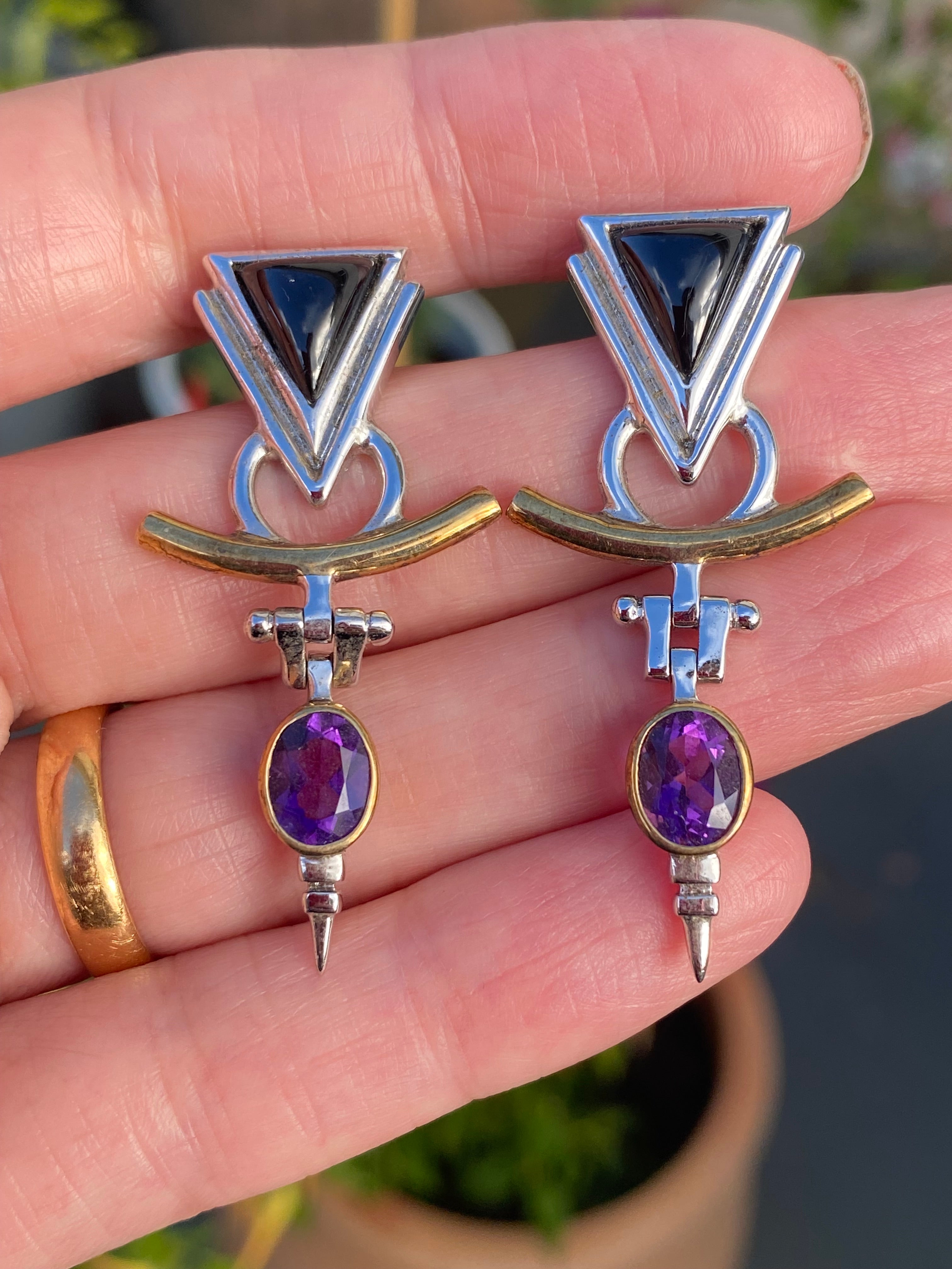 Statement 1980’s Amethyst and Black Onyx Earrings in Sterling Silver and 18ct Yellow Gold