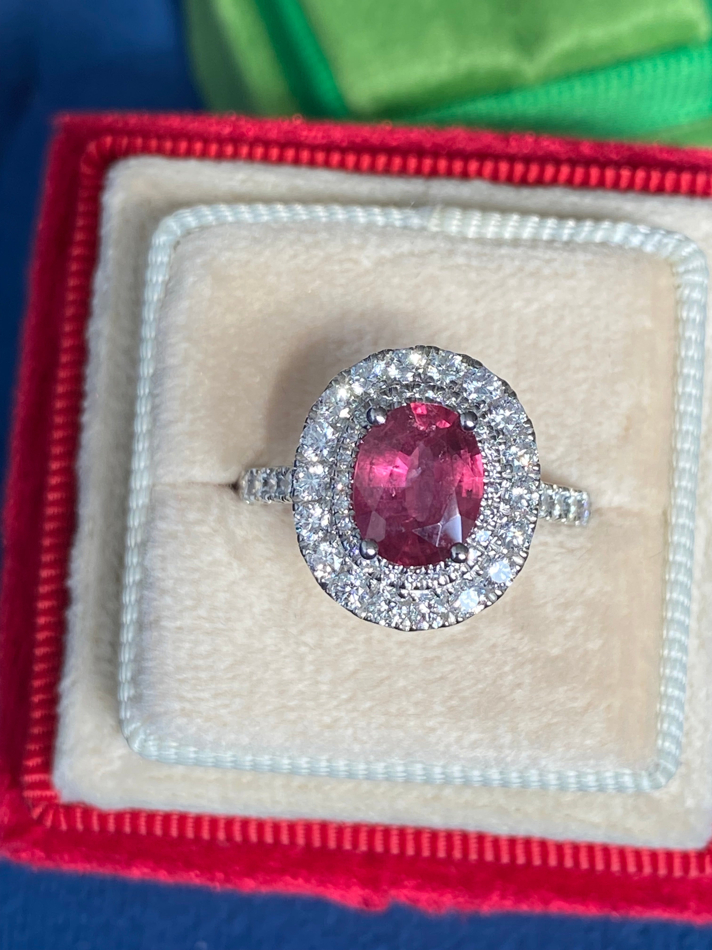 2.56 CTW Oval-Cut Ruby and Natural Diamond Double Halo Ring in Platinum