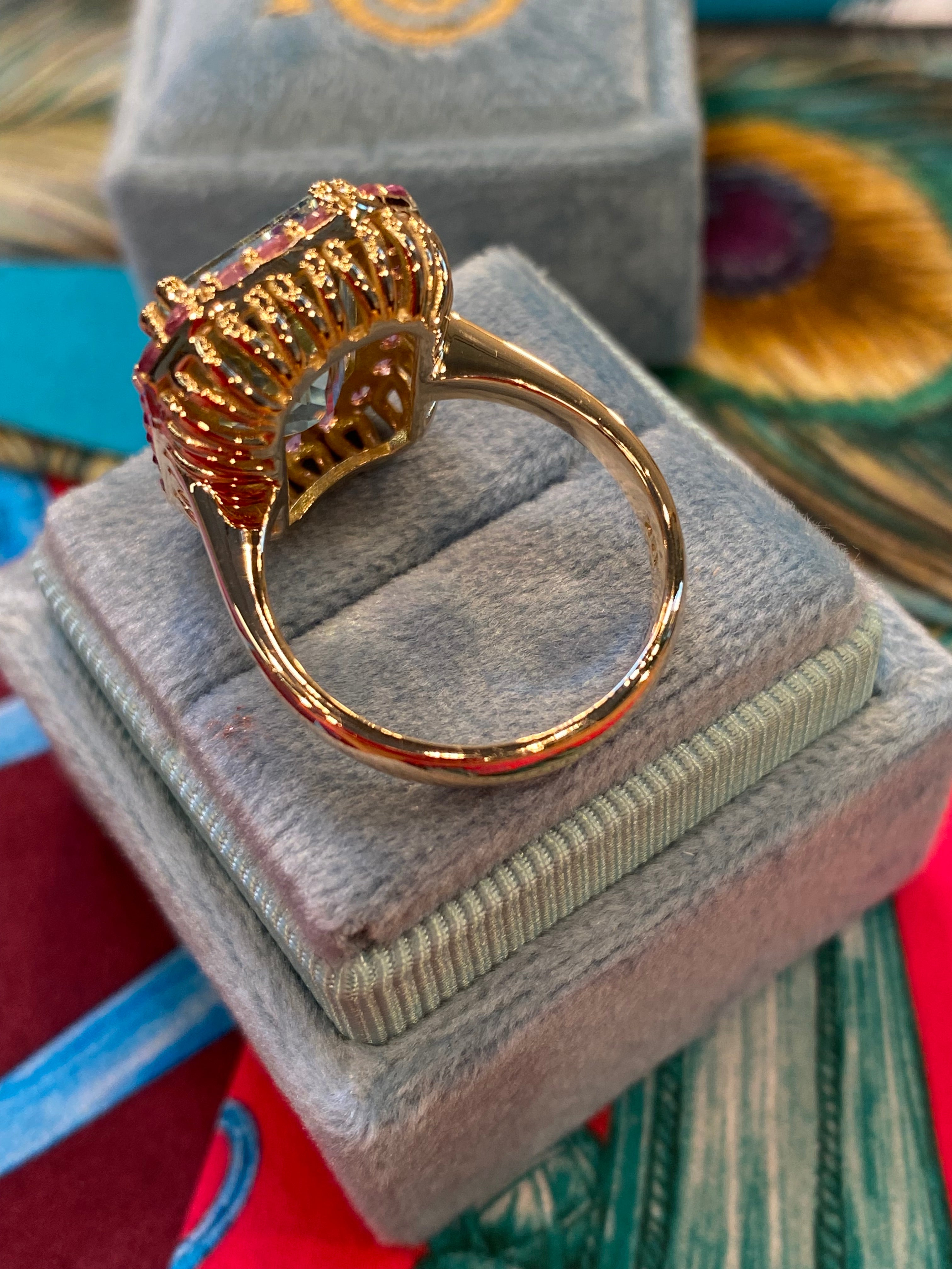 6.50 CTW Aquamarine and Pink Sapphire Halo Ring in 18ct Yellow Gold