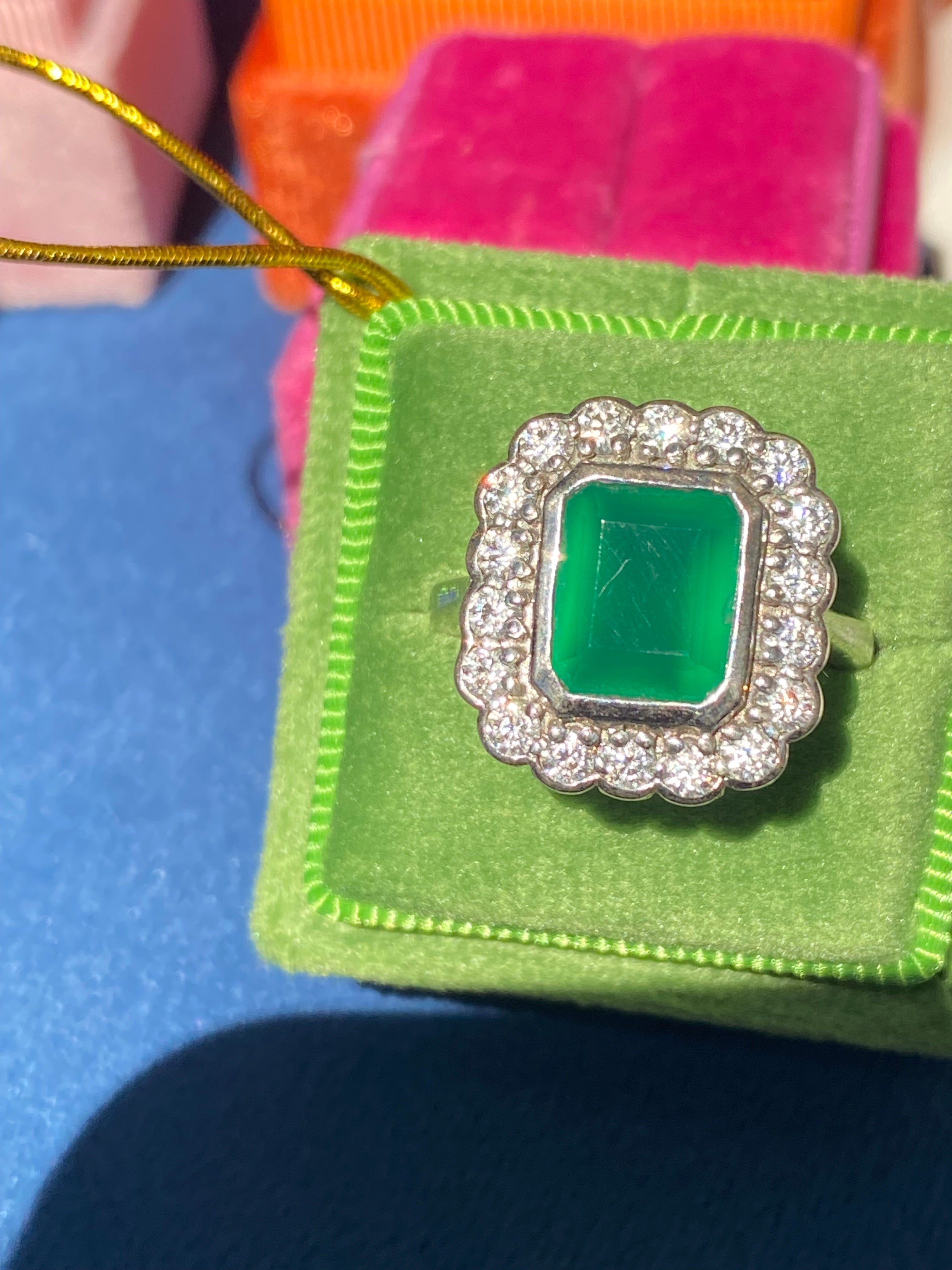 4.25 CTW Emerald Cut Green Onyx and Moissanite Halo Cocktail Ring in Sterling Silver