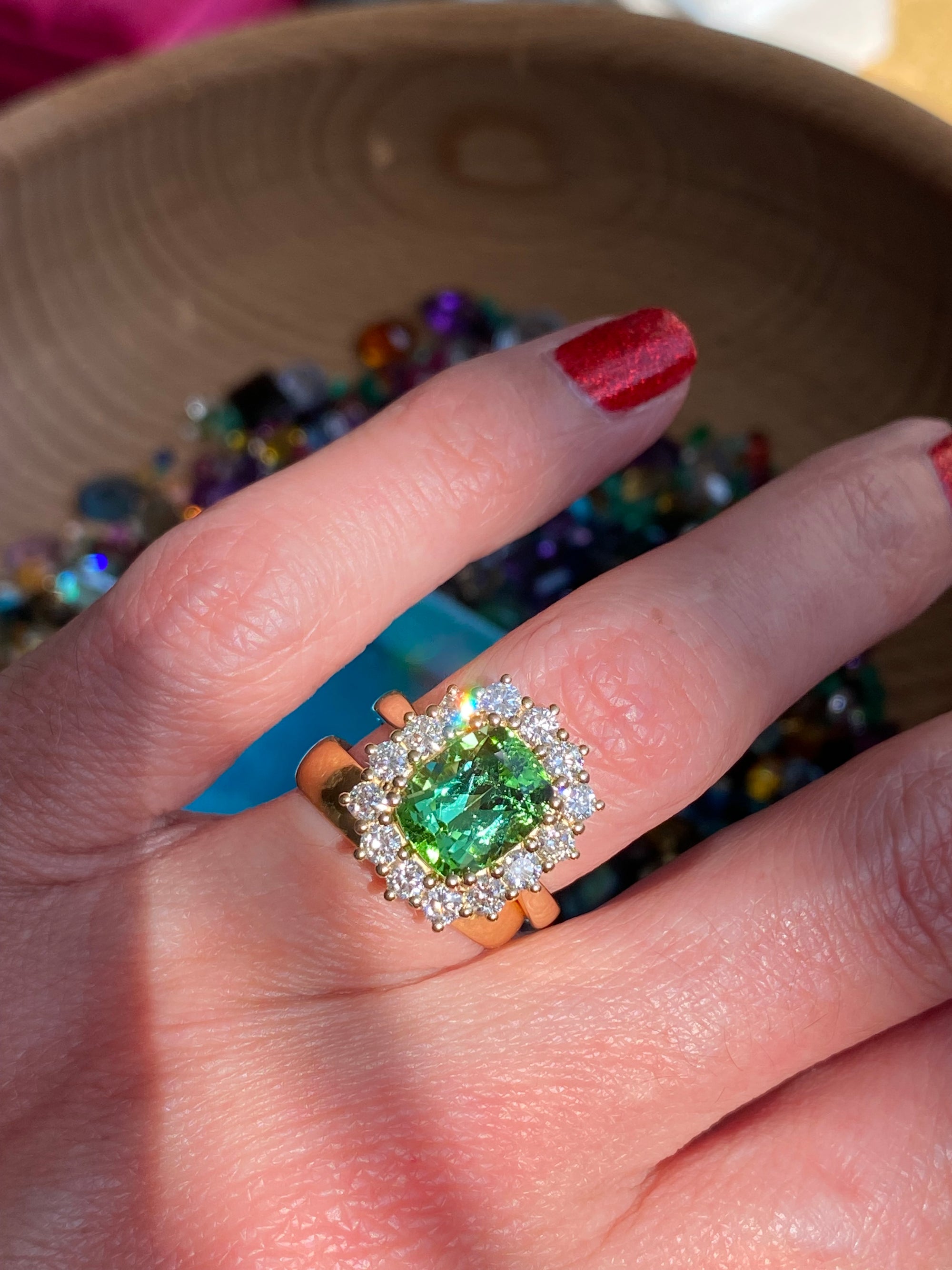3.02 Carat Green Tourmaline and Natural Diamond Ring in 18ct Yellow Gold