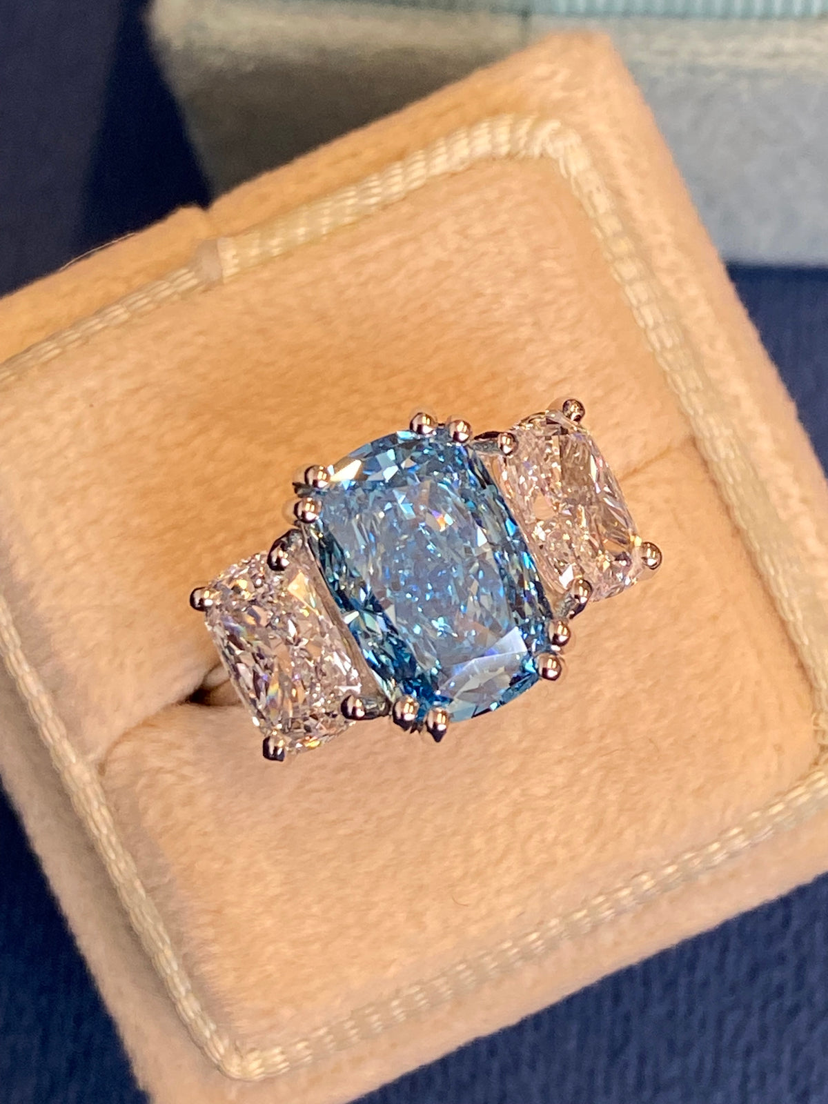 6.60 CTW Fancy Blue Cushion Cut Lab Diamond Graduated Three Stone Ring in Platinum
