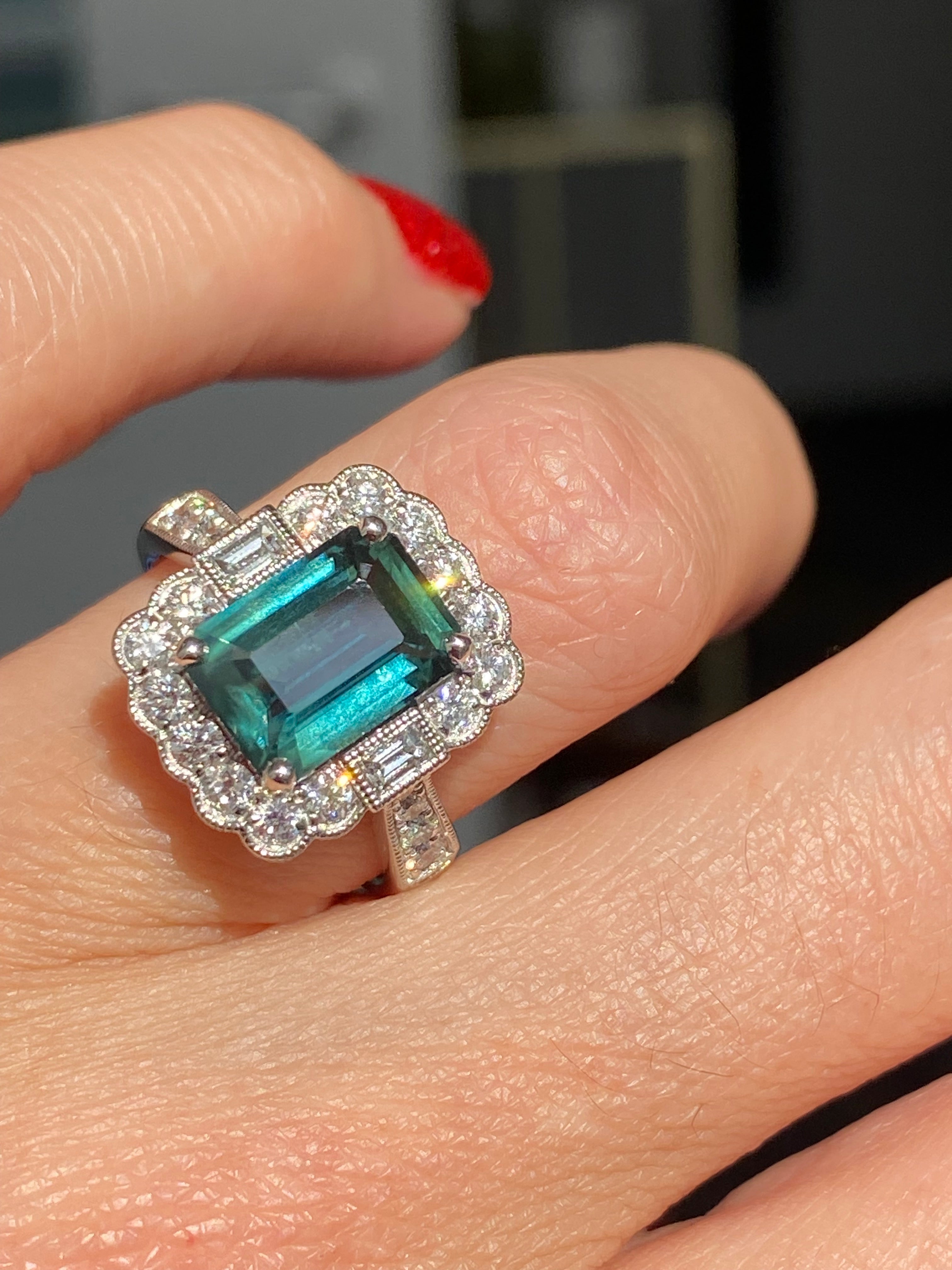 3.73 Carat Teal Sapphire and Natural Diamond Ring in Platinum