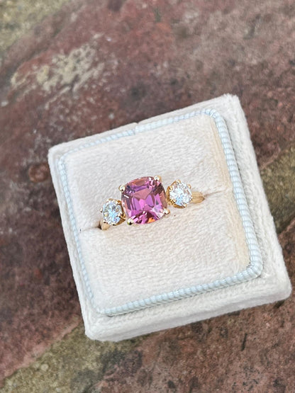 3.12ctw Pink Tourmaline and Natural Diamond Three Stone Ring in 18ct Yellow Gold