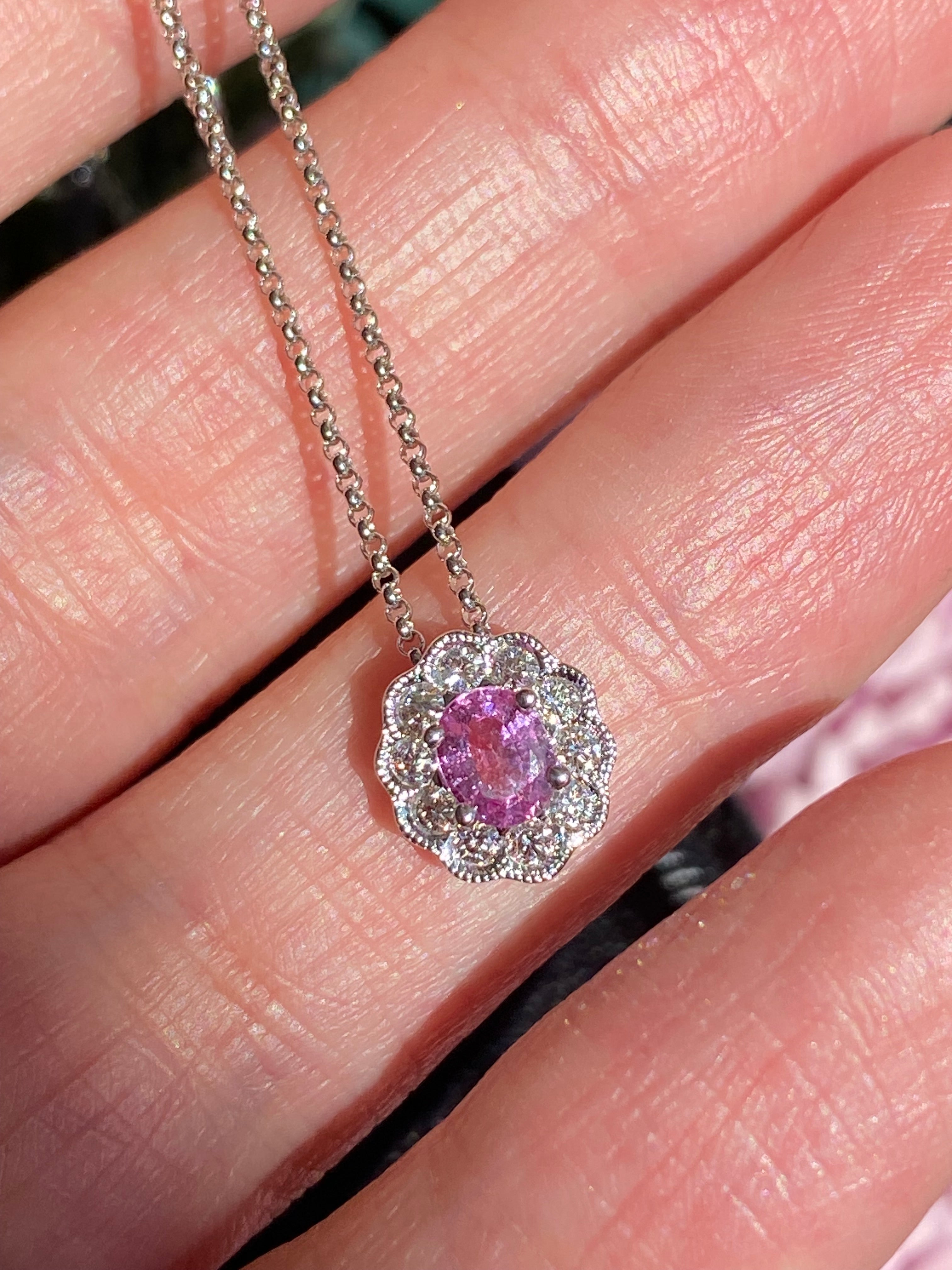 0.70 CTW Pink Sapphire and Natural Diamond Pendant Necklace in 18ct White Gold