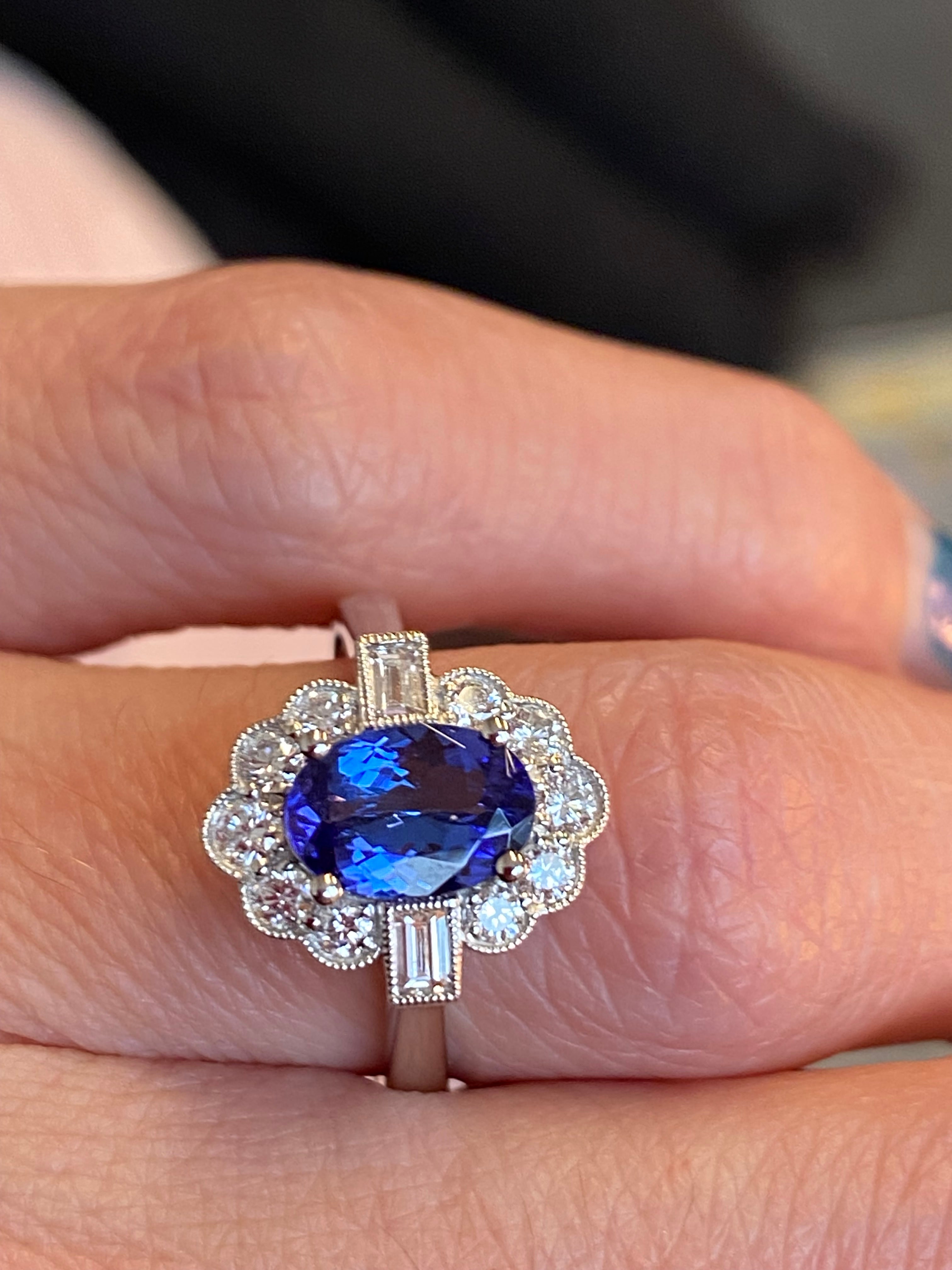 1.86 CTW Tanzanite and Natural Diamond Art Deco Style Ring in Platinum