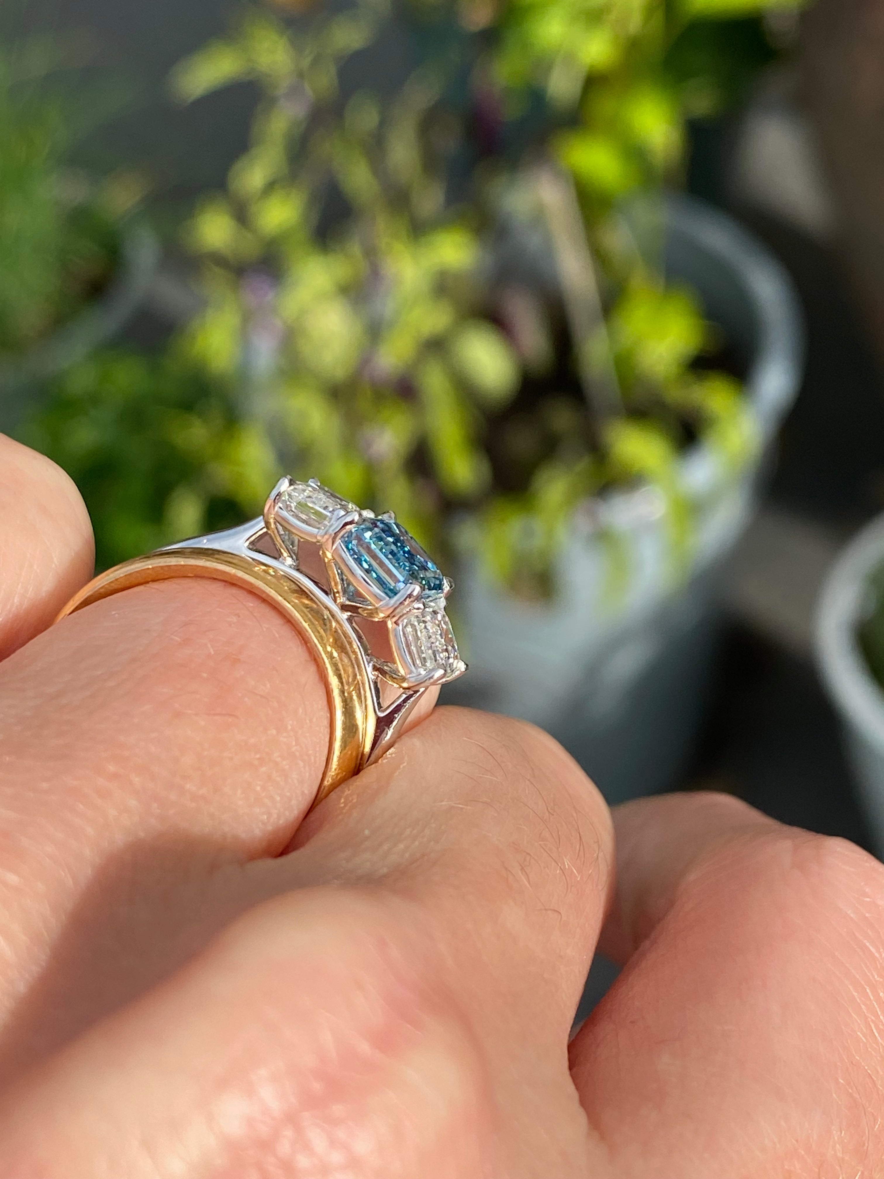 3.15 CTW Fancy Blue Lab Grown Diamond Graduated Three Stone Ring in Platinum