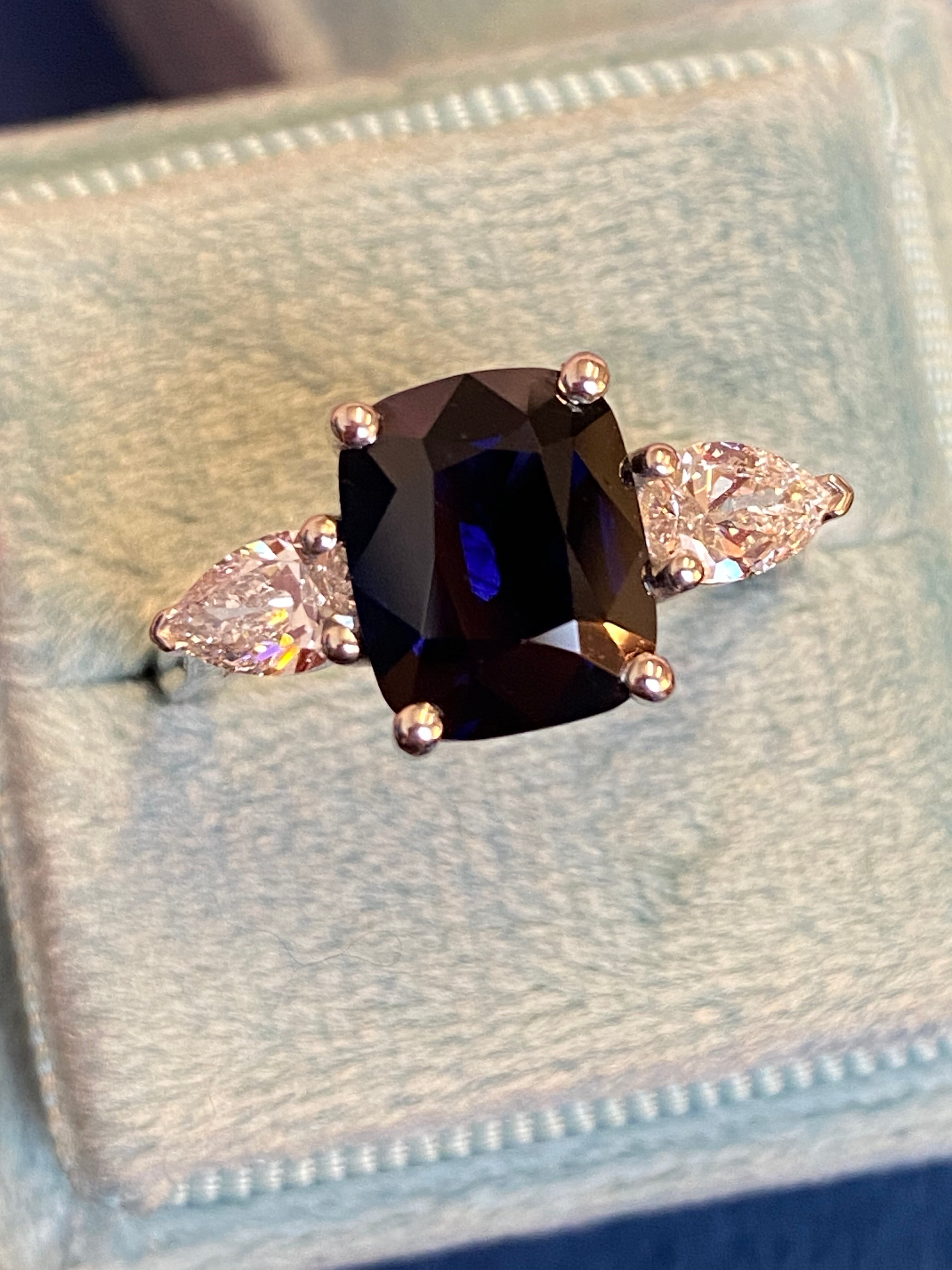 4.04 CTW Deep Blue Ceylon Sapphire and Natural Diamond Three Stone Engagement Ring in Platinum