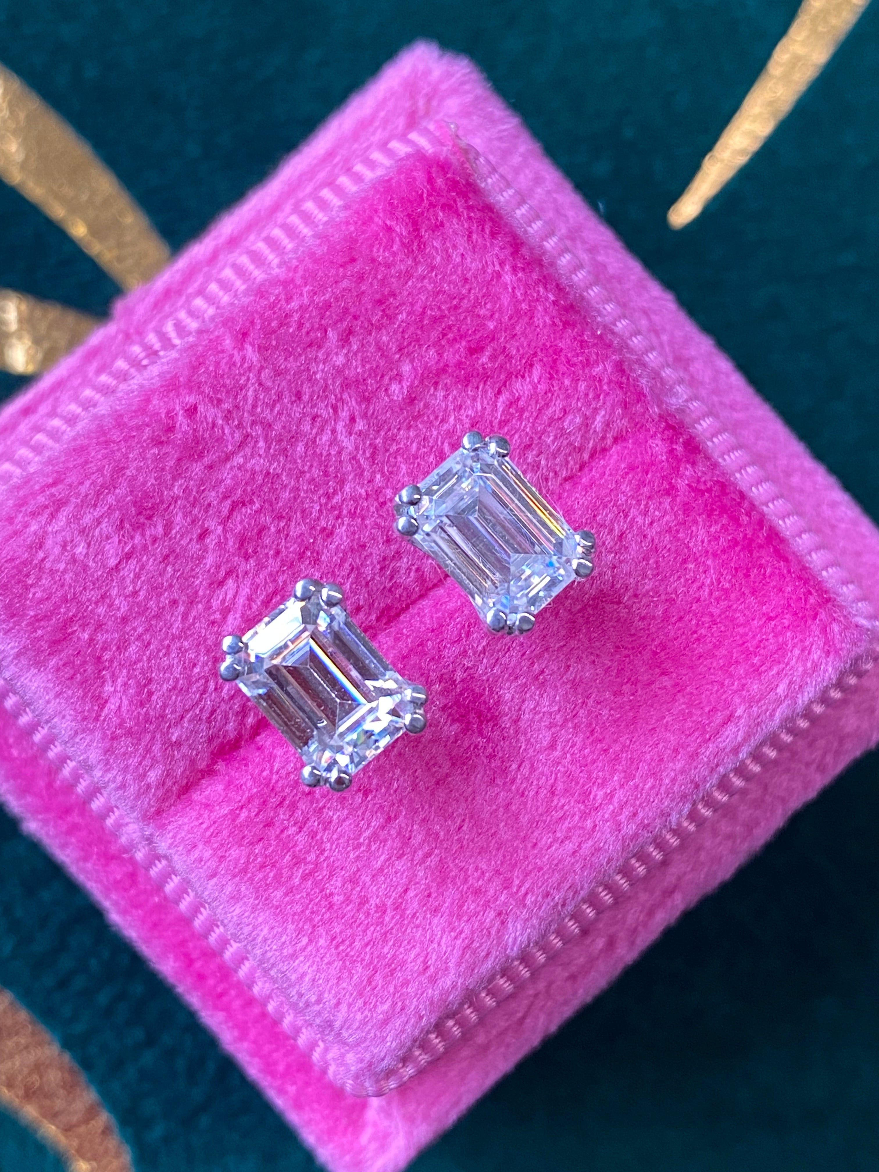 1.97 CTW Emerald Cut Moissanite Stud Earrings in Sterling Silver