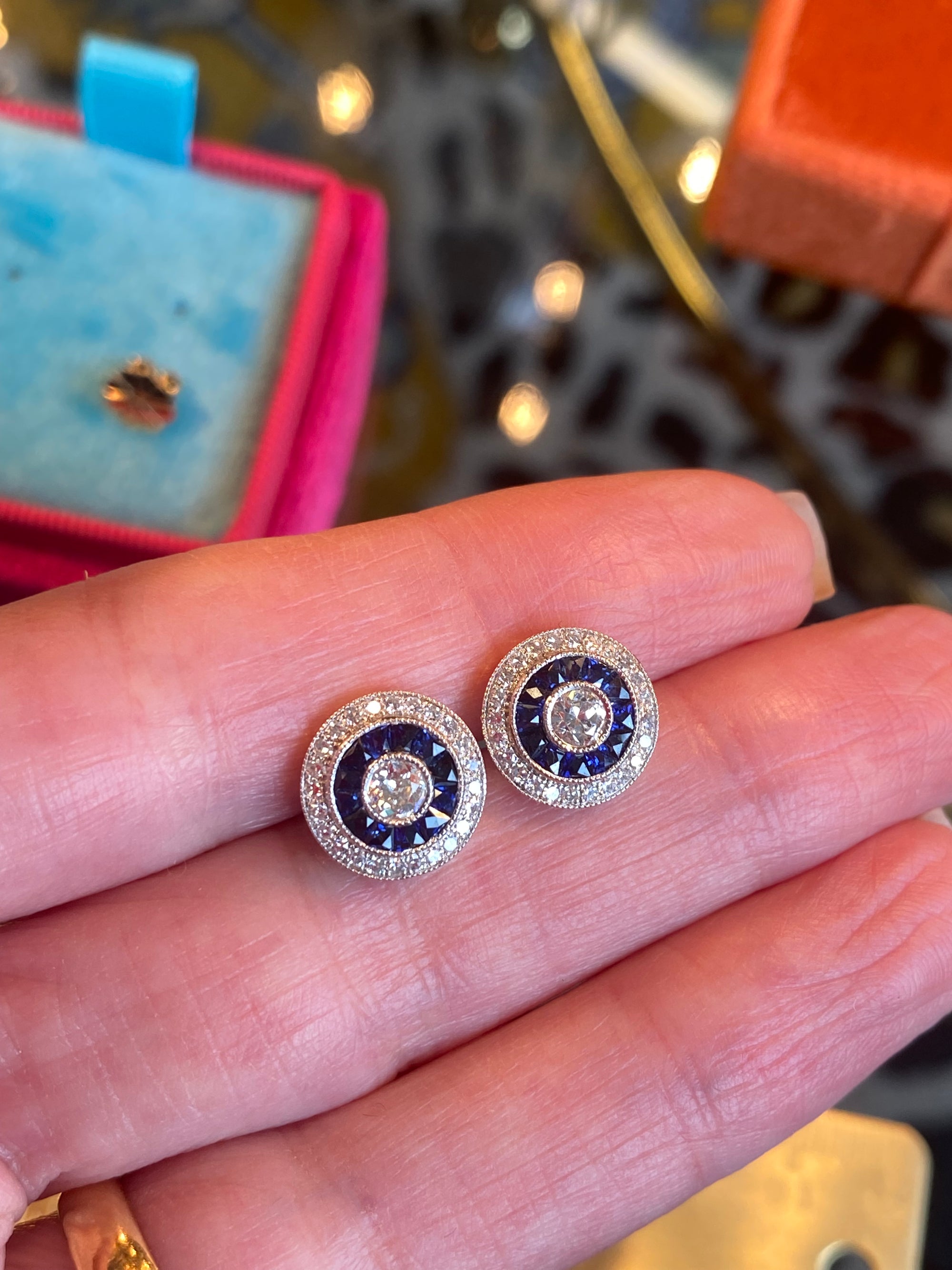 2.00ctw Old Cut Diamond and Sapphire Target Halo Earrings in 18ct Gold