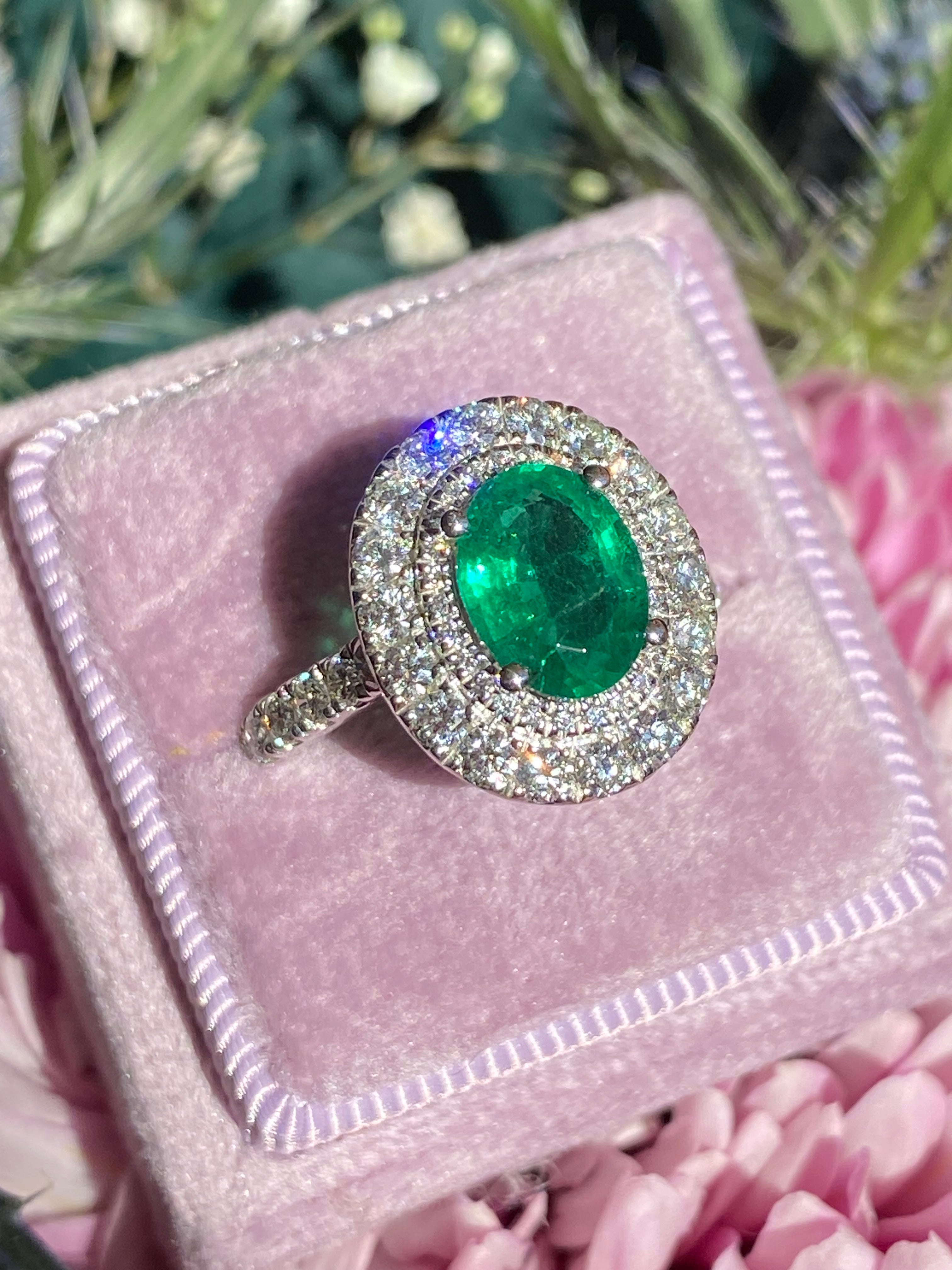 3.11 CTW Emerald and Natural Diamond Double Halo Ring in Platinum