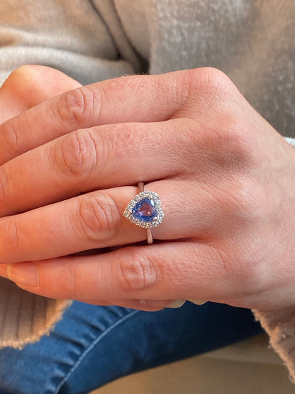 2.06 Carat Heart Shape Ceylon Sapphire and Natural Diamond Halo Ring in Platinum
