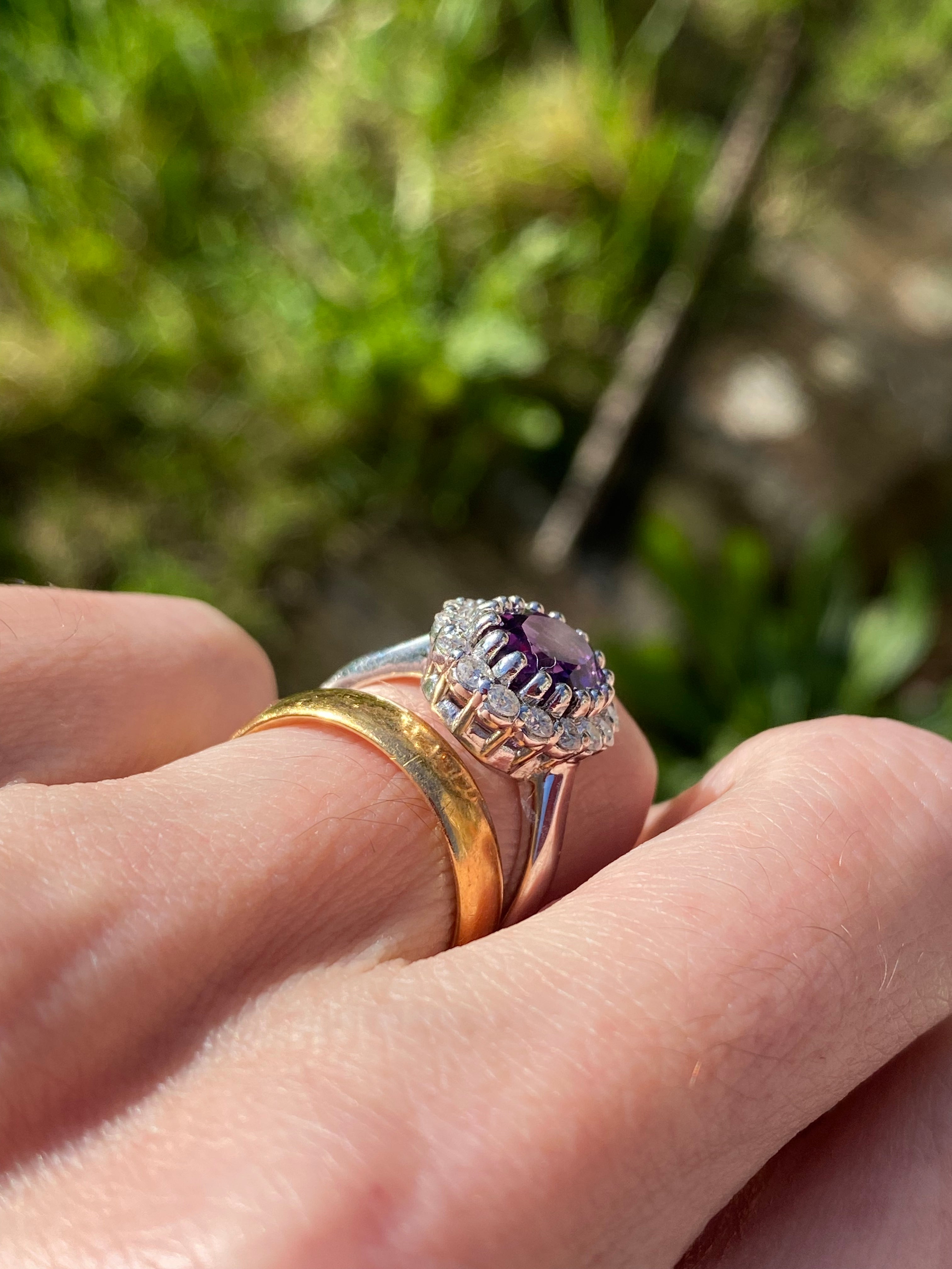 2.33 CTW Oval Cut Amethyst and Moissanite Halo Cocktail Ring in Sterling Silver