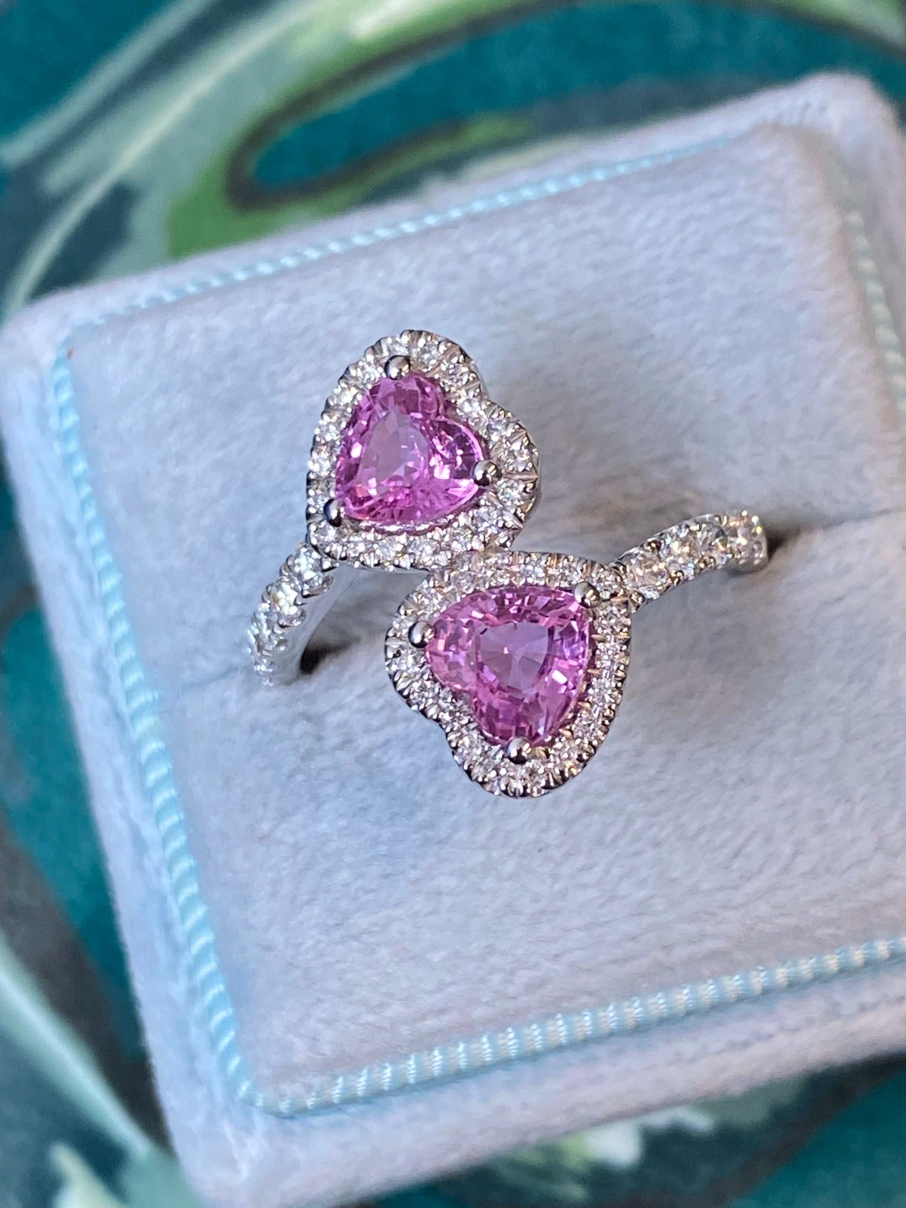 1.92 CTW Heart Shape Pink Sapphire and Natural Diamond Toi et Moi Ring in Platinum
