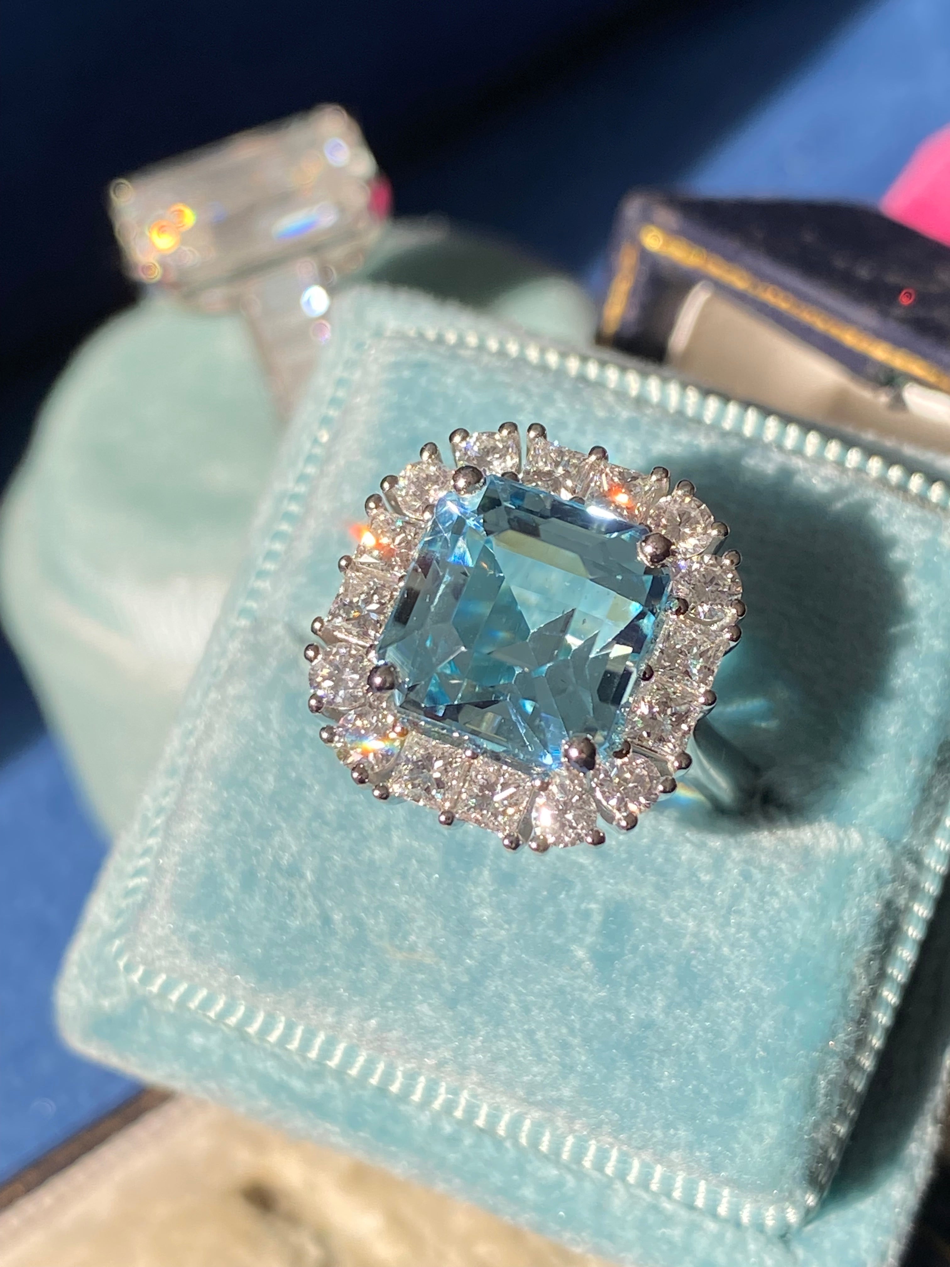 6.11 CTW Emerald Cut Aquamarine and Natural Diamond Halo Engagement Ring in Platinum