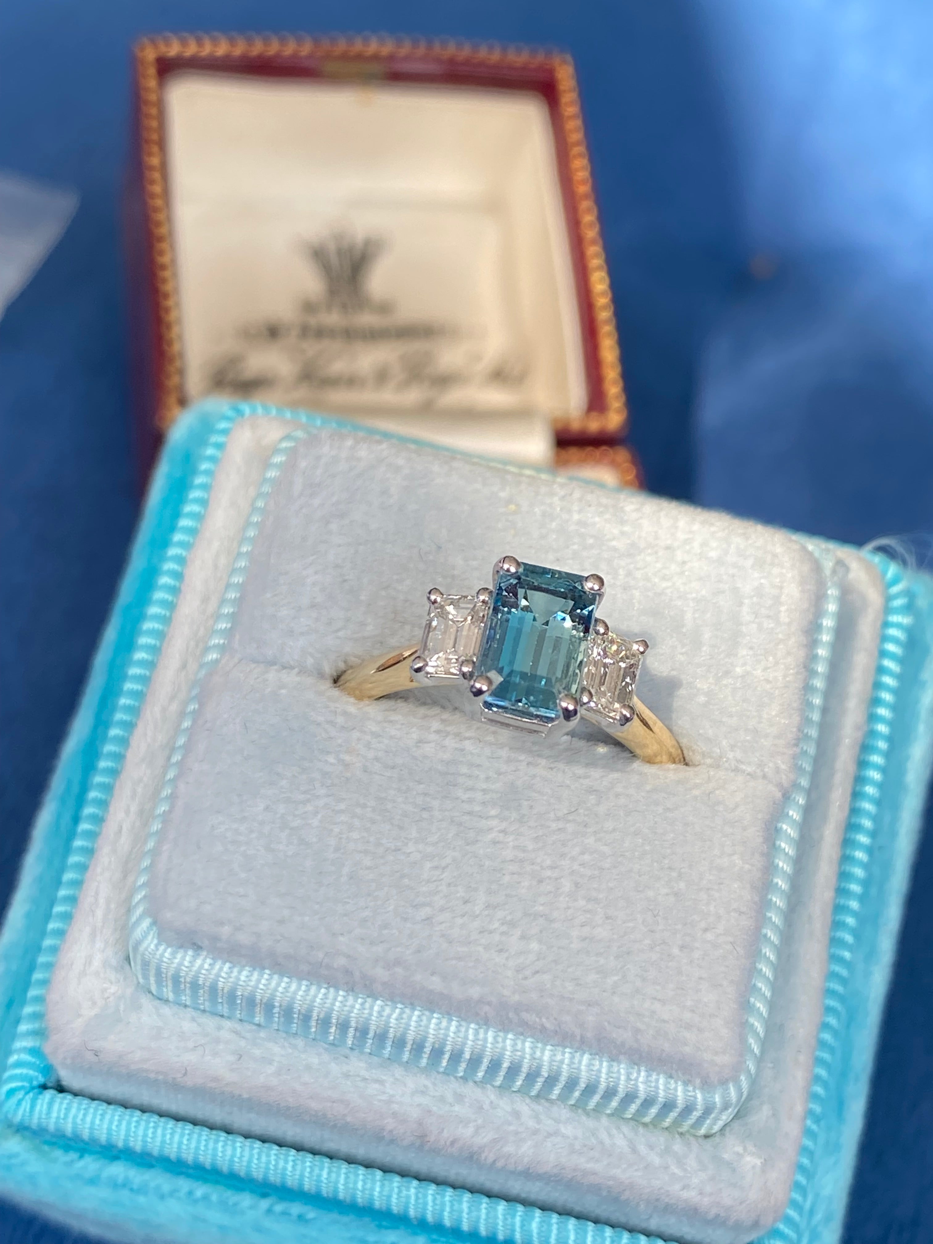 1.73 CTW Aquamarine and Natural Diamond Three Stone Ring in Platinum and 18ct Yellow Gold