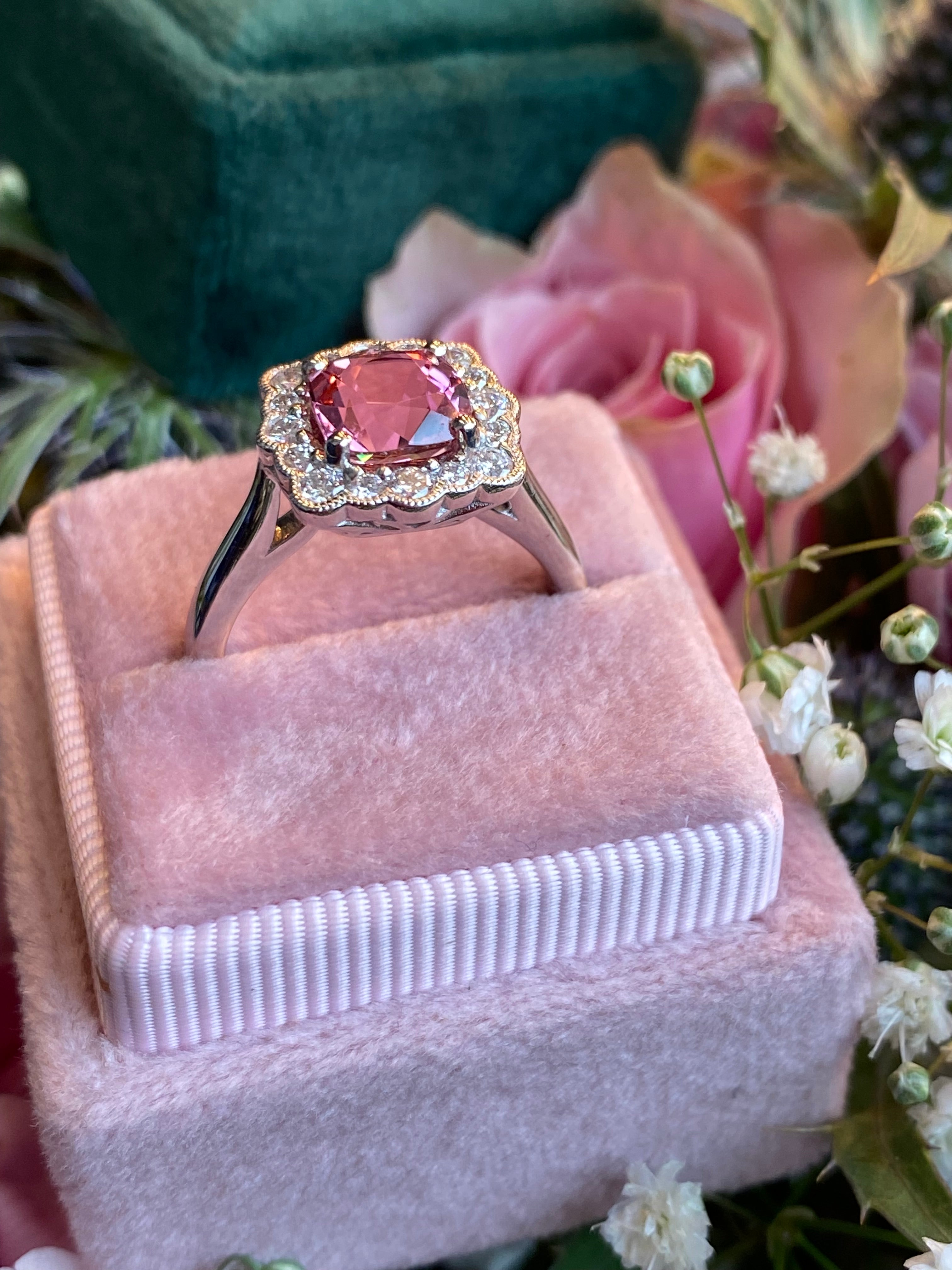 1.58 Carat Cushion Cut Pink Tourmaline and Natural Diamond Ring in Platinum