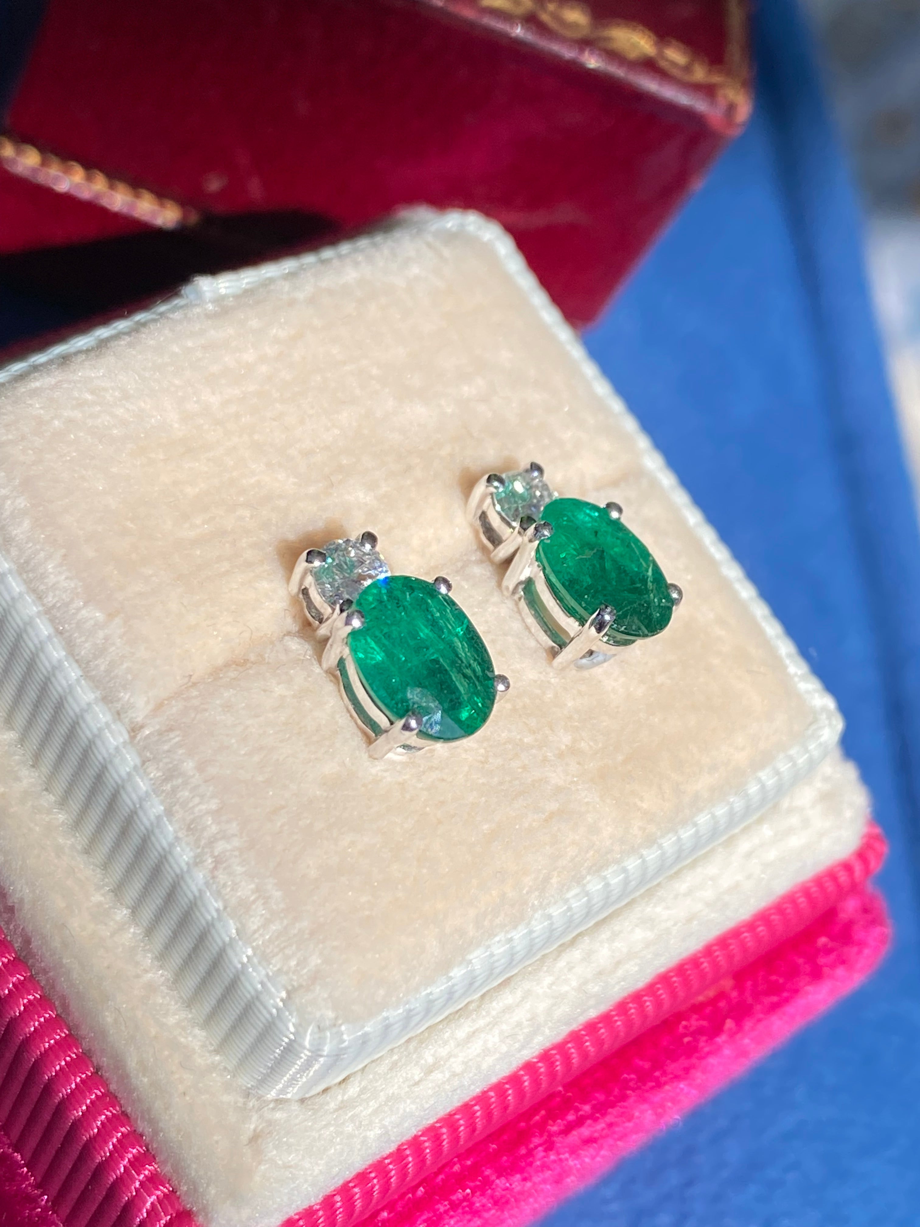 2.17 CTW Emerald and Natural Diamond Stud Earrings in 18ct White Gold