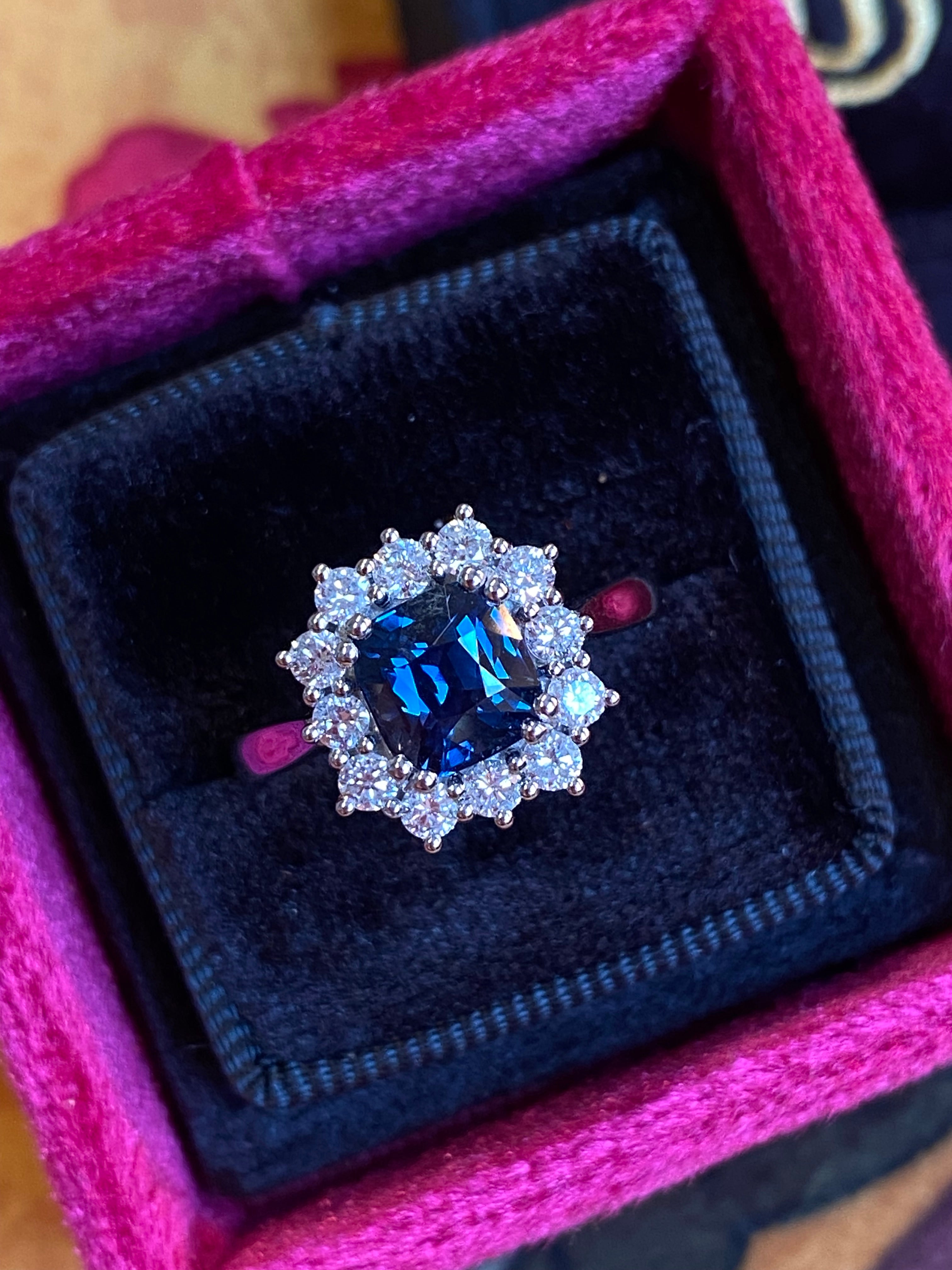 2.00 Carat Cushion Cut Teal Sapphire and Natural Diamond Halo Ring in Platinum