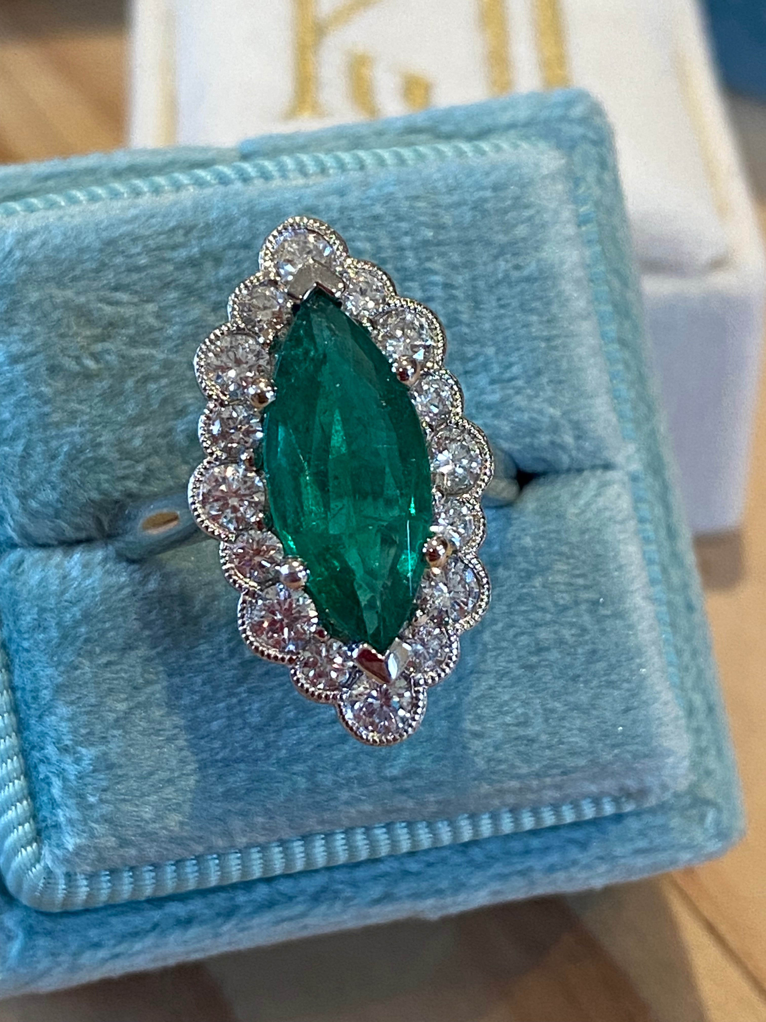 3.47 CTW Marquise Cut Emerald and Natural Diamond Halo Ring in Platinum