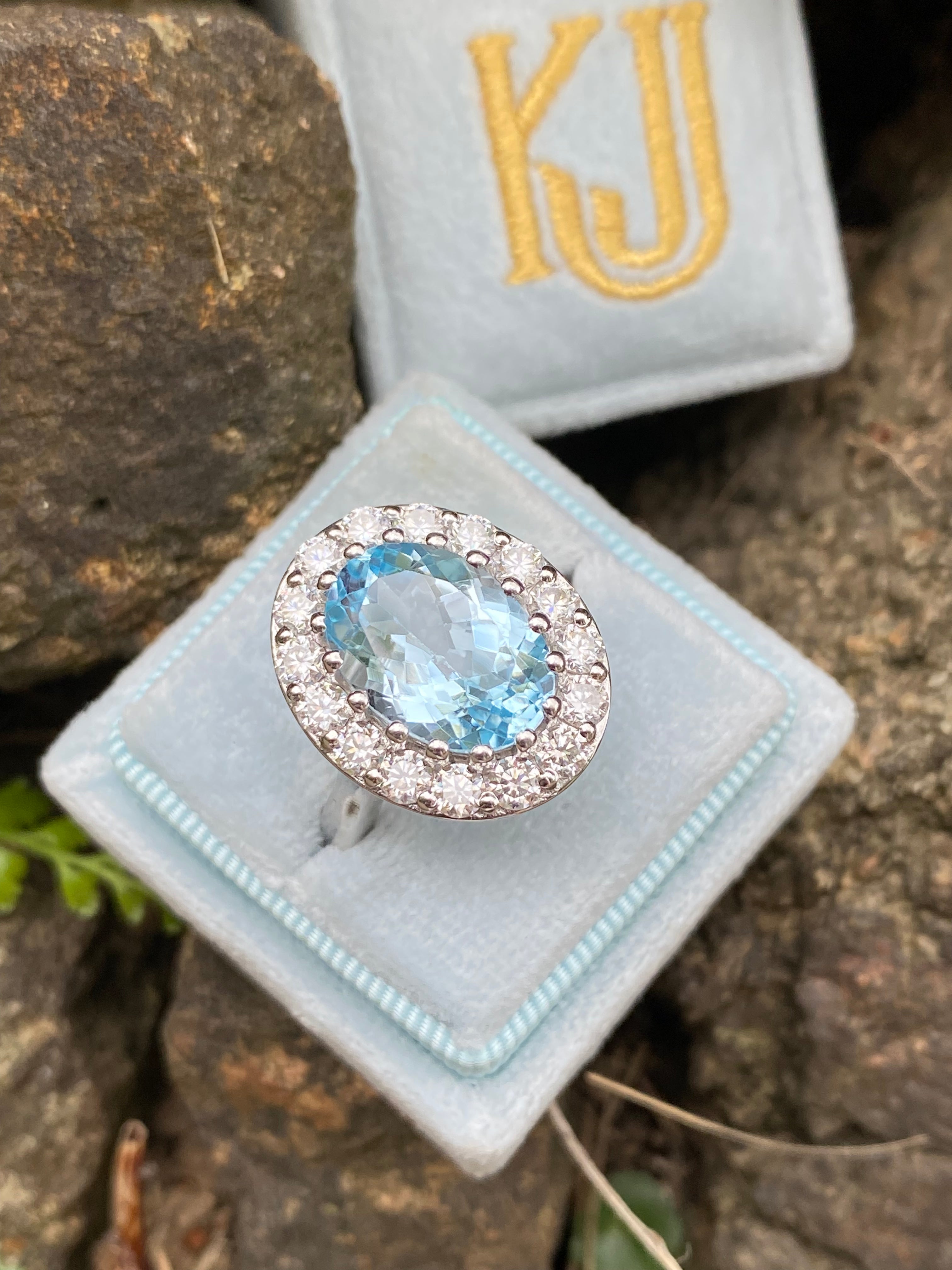 9.60 CTW Oval Cut Blue Topaz and Moissanite Halo Cocktail Ring in Sterling Silver
