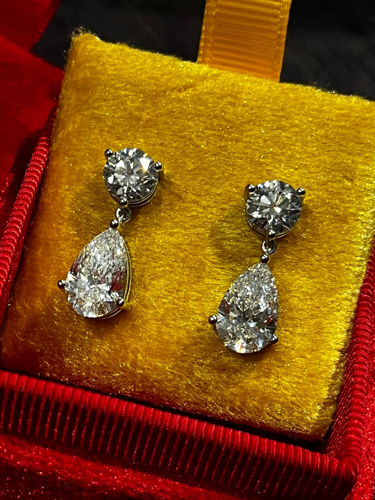 6.00 CTW + Lab Grown Diamond Round and Pear Cut Earrings, at Least F Colour / VVS Clarity