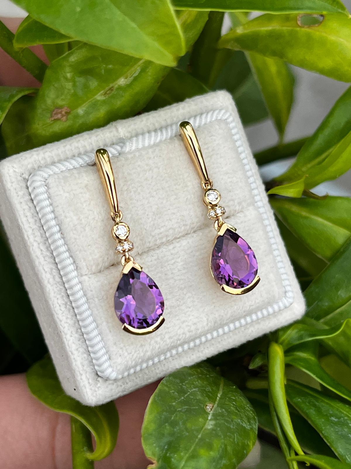 2.99 CTW Amethyst and Diamond Drop Earrings in 18ct Yellow Gold