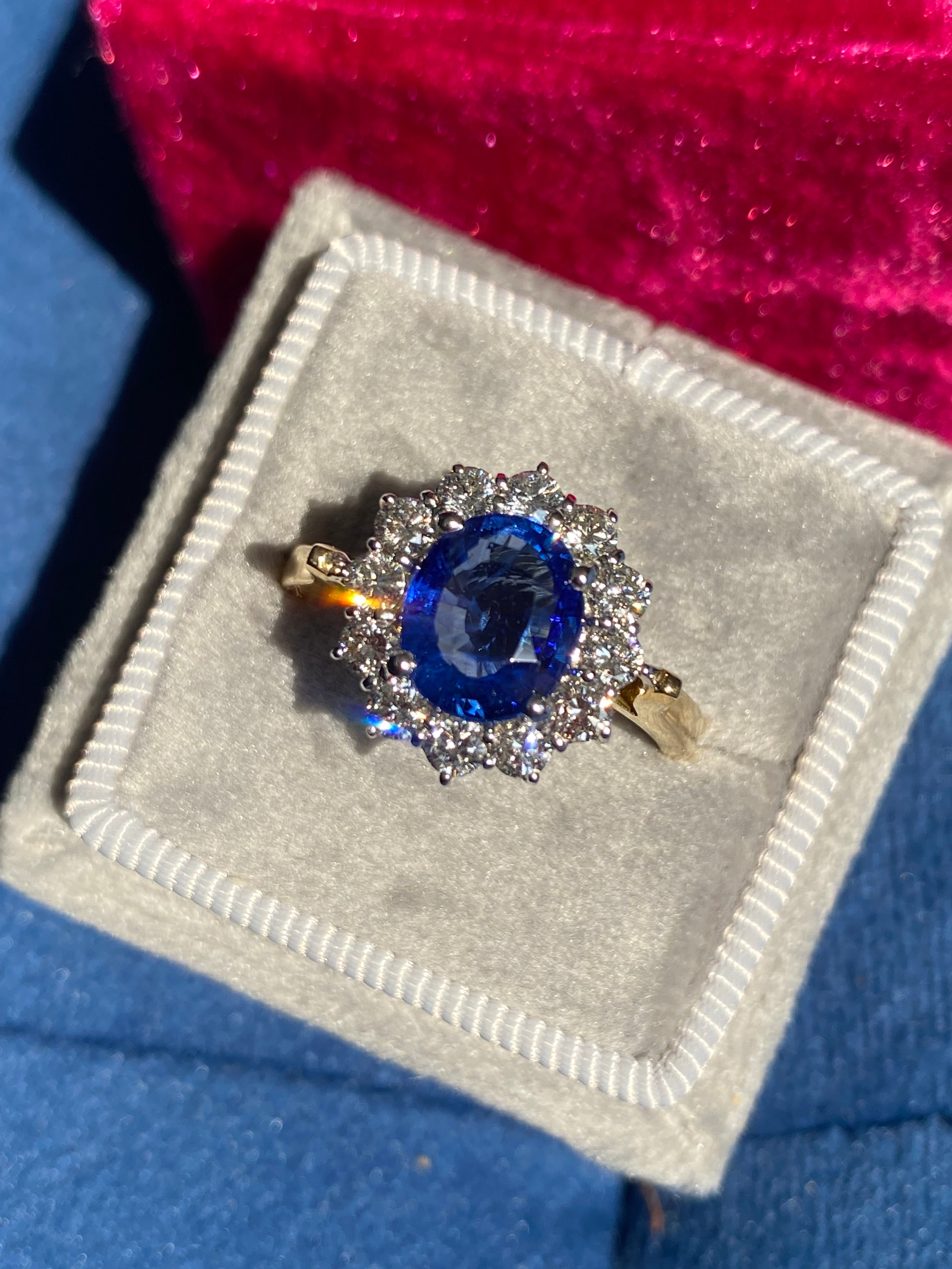 3.31 CTW Ceylon Sapphire and Natural Diamond Halo Ring in 18ct Gold