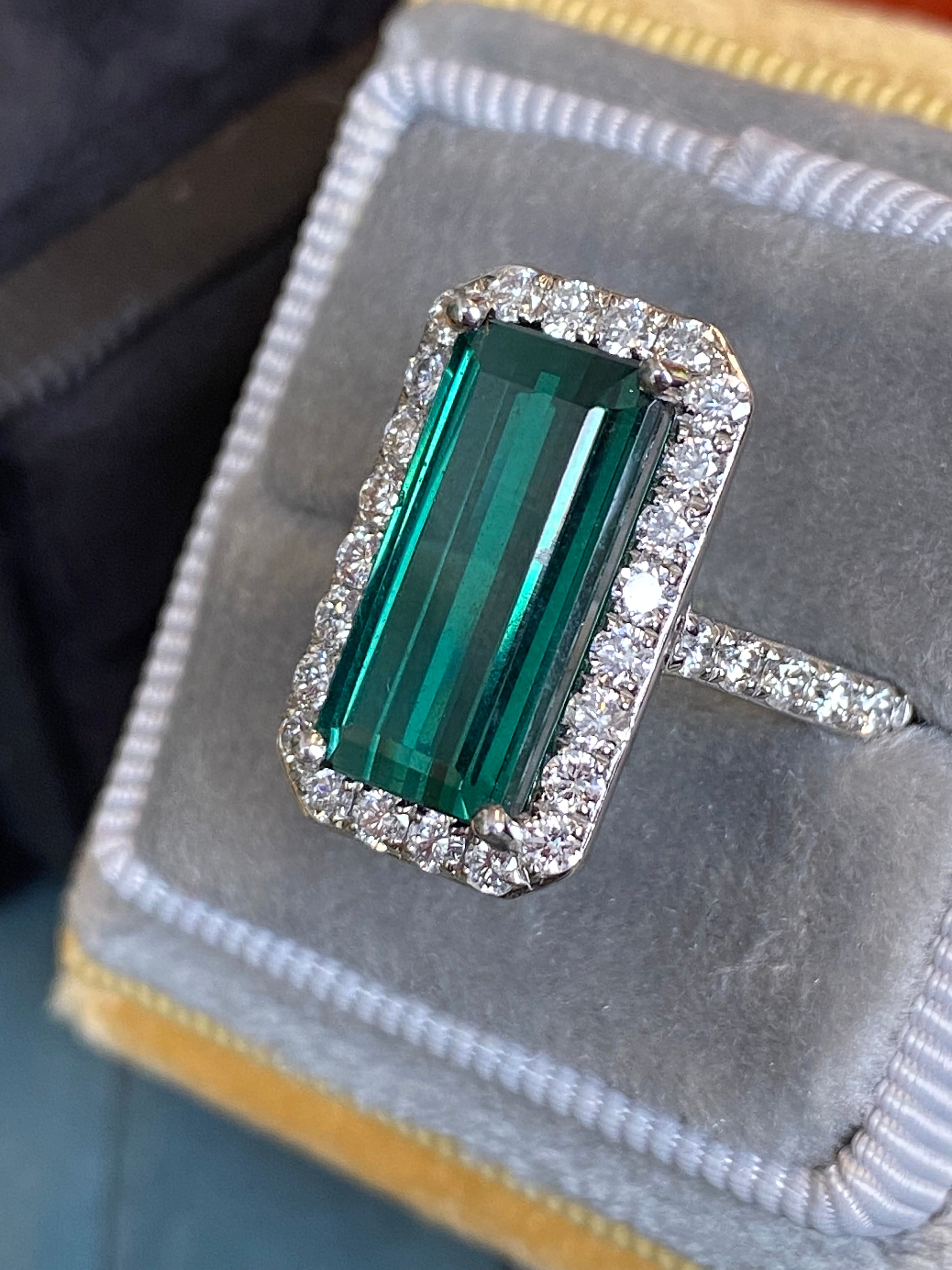 5.28 CTW Emerald Cut Green Tourmaline and Natural Diamond Ring in Platinum