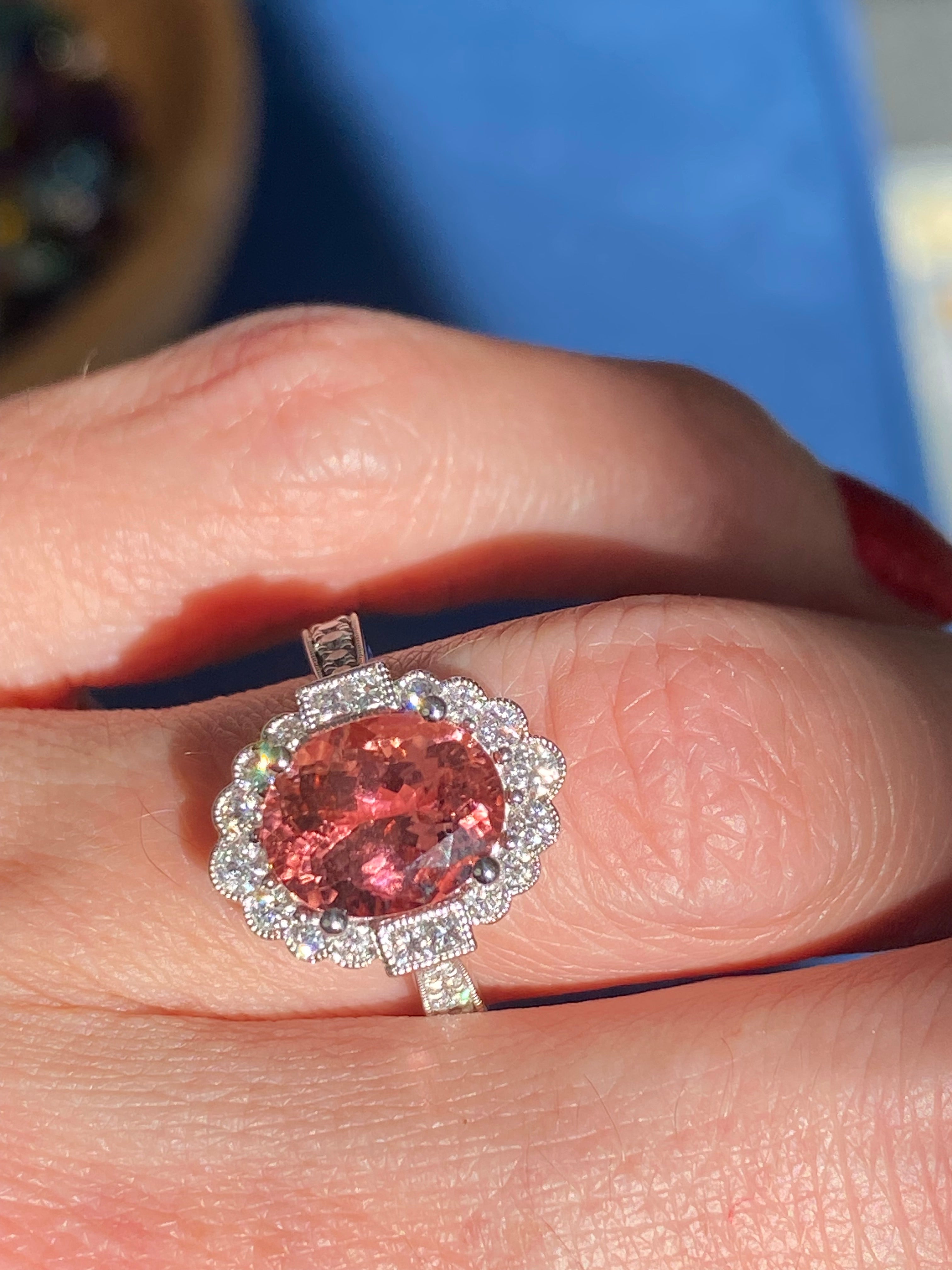 3.69 CTW Rose Tourmaline and Natural Diamond Halo Ring in Platinum