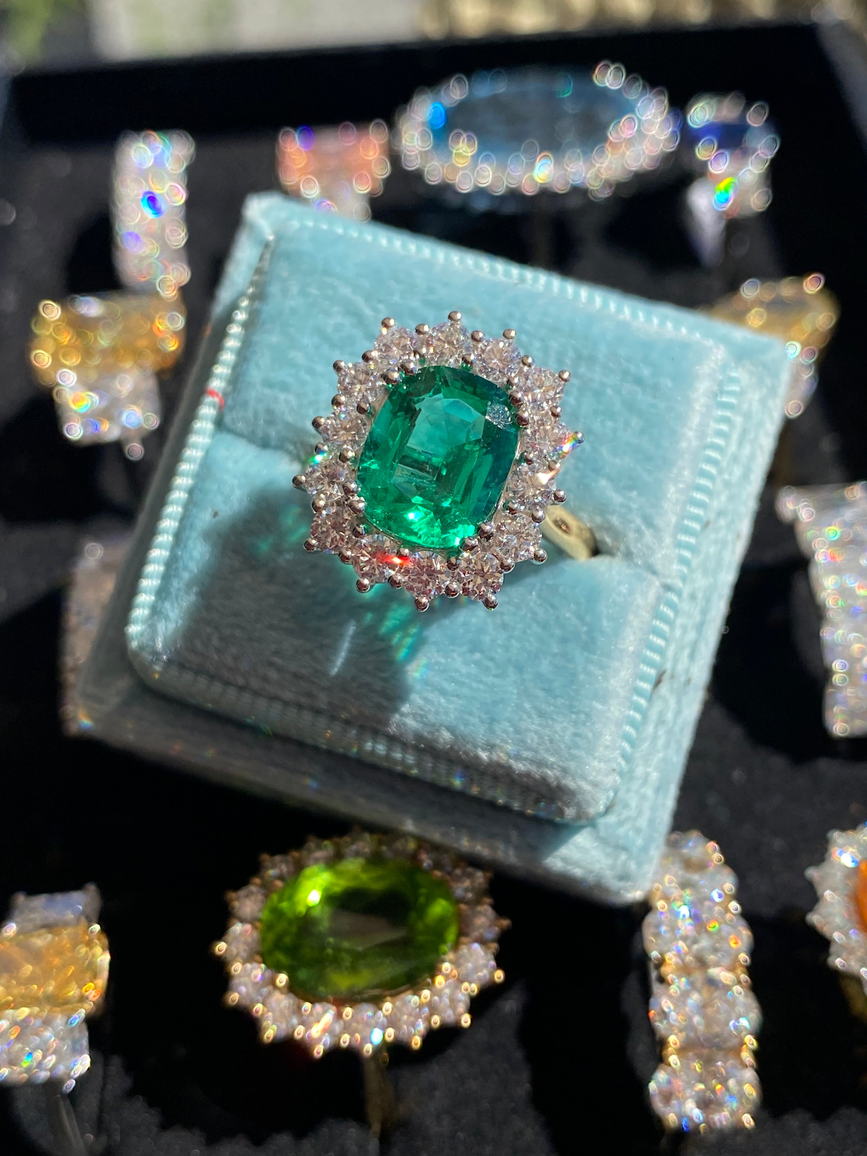 2.58 Carat Cushion Cut GIA Zambian Emerald and 1.07 CTW Natural Diamond Halo Ring in Platinum and 18ct Yellow Gold