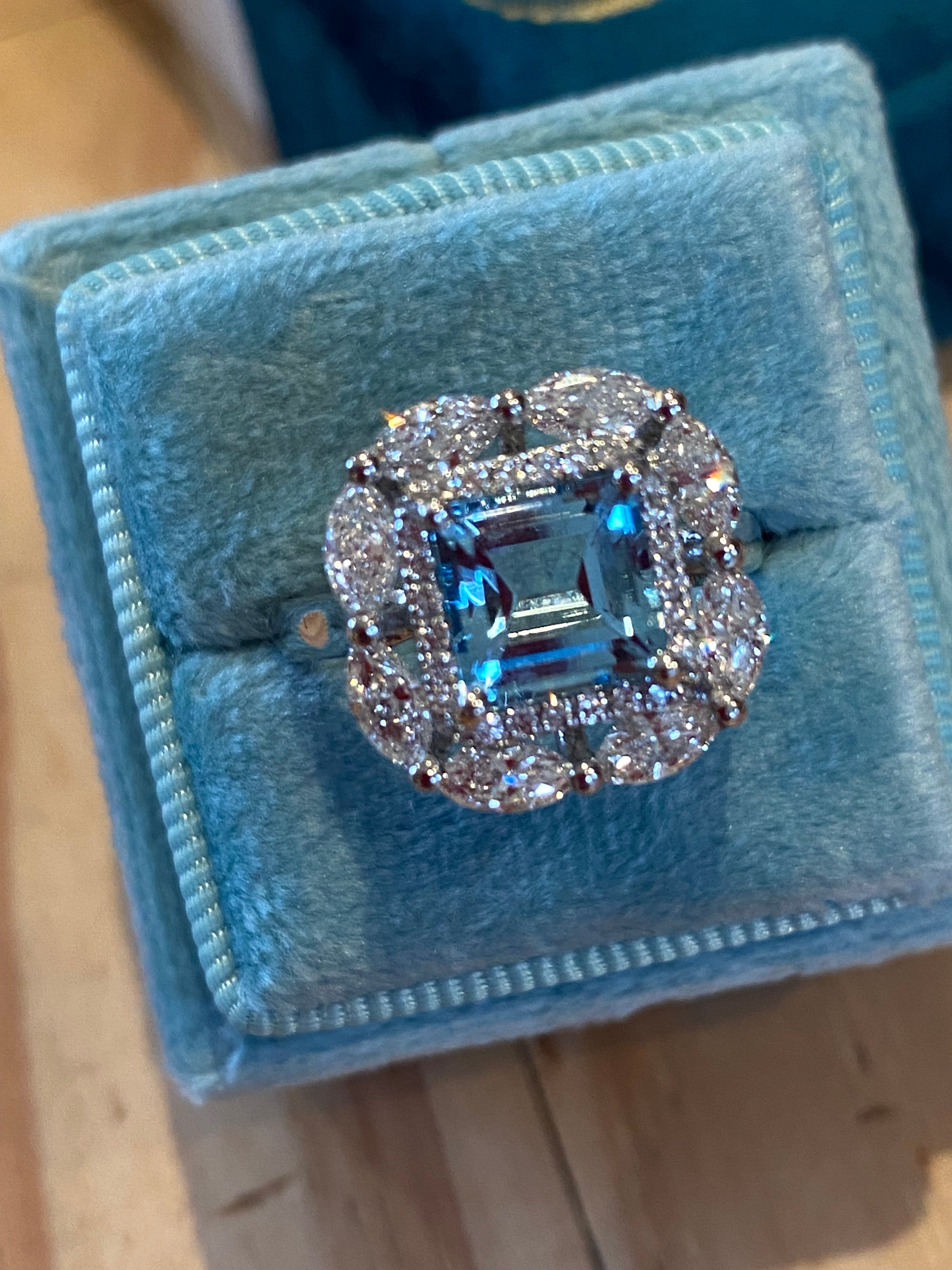 1.60 Carat Aquamarine and 1.18 ctw Natural Diamond Ring in Platinum