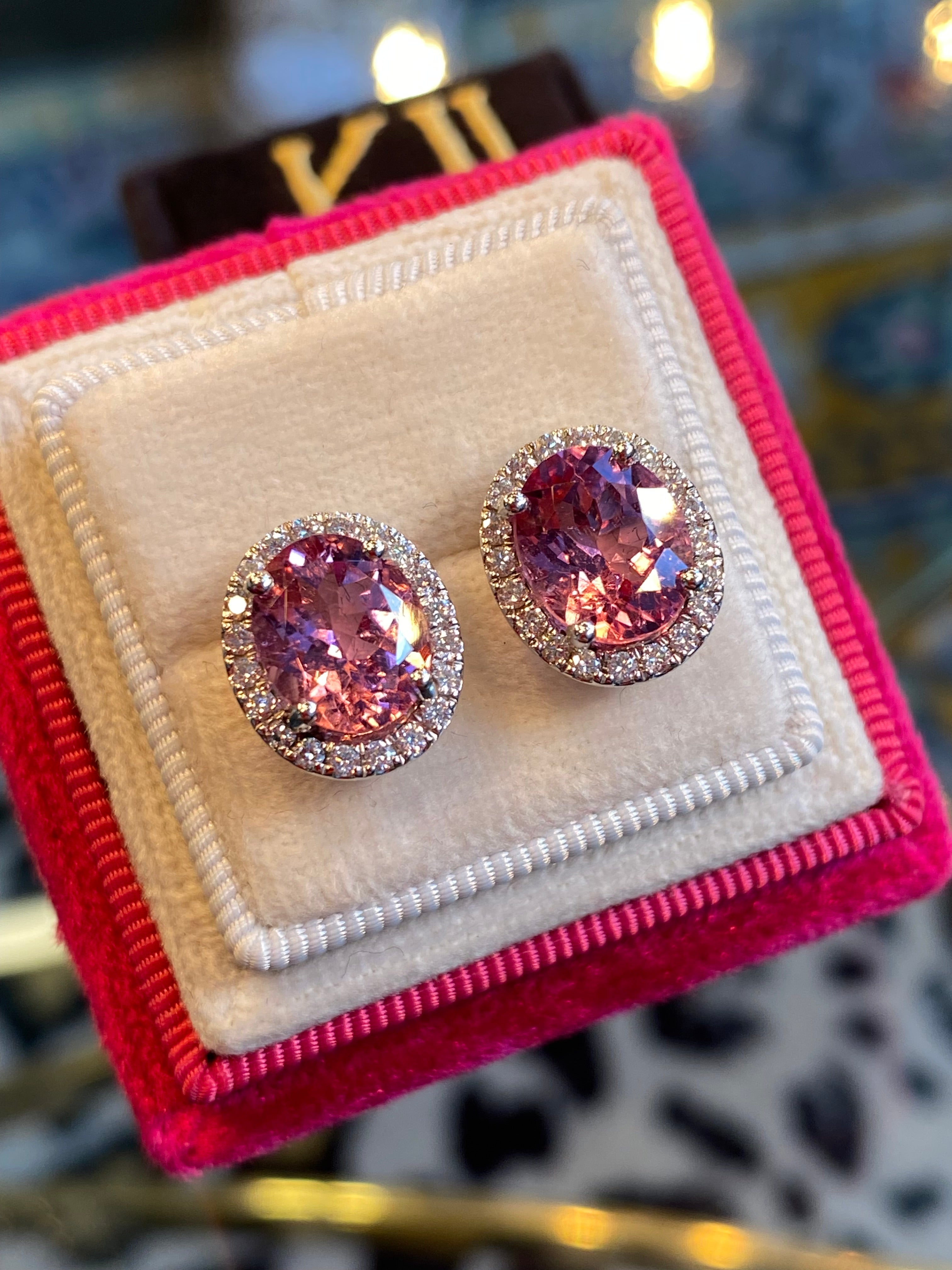5.90 CTW Pink Tourmaline and Diamond Halo Stud Earrings in Platinum