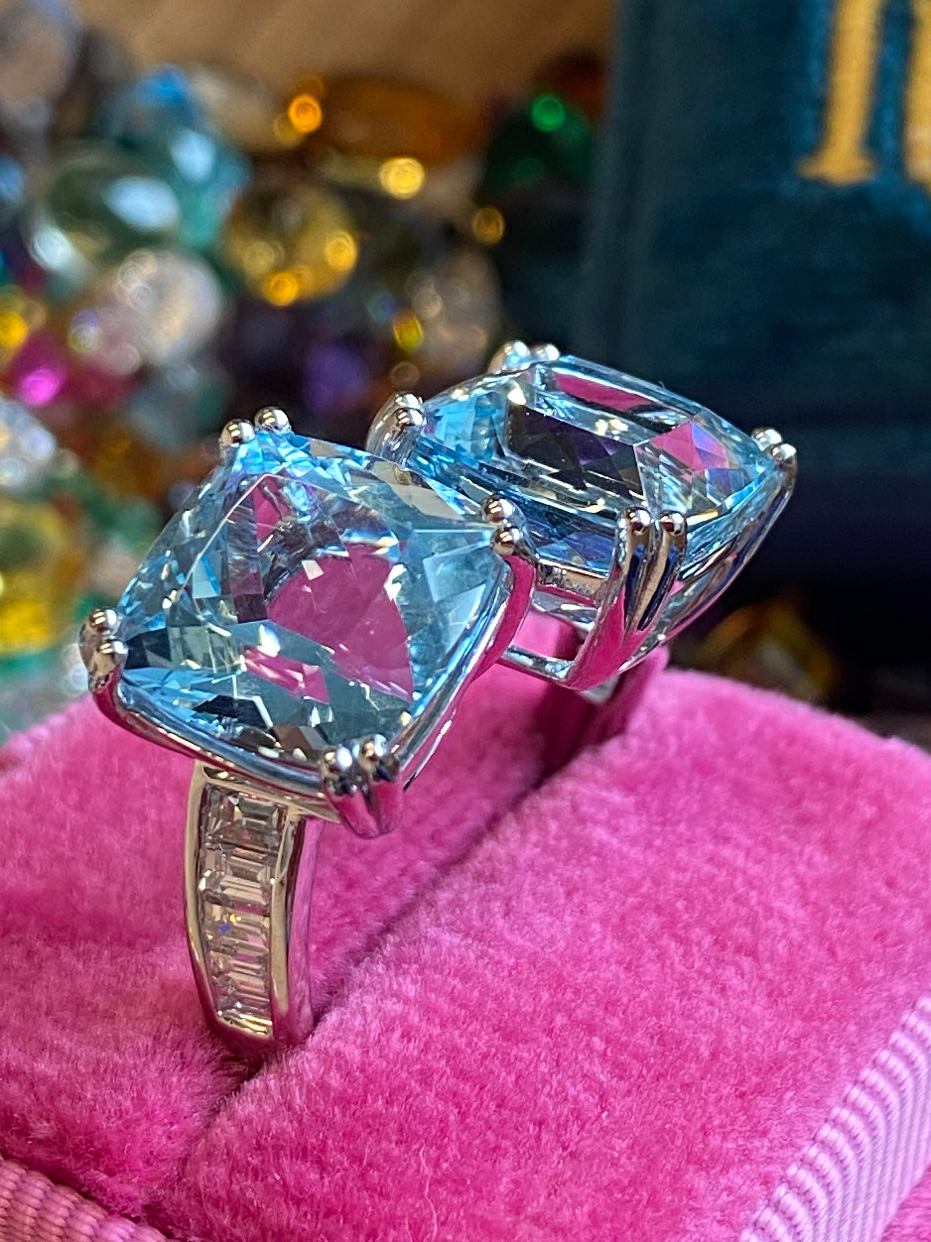 9.67 CTW Aquamarine and Natural Diamond Toi et Moi Ring in Platinum