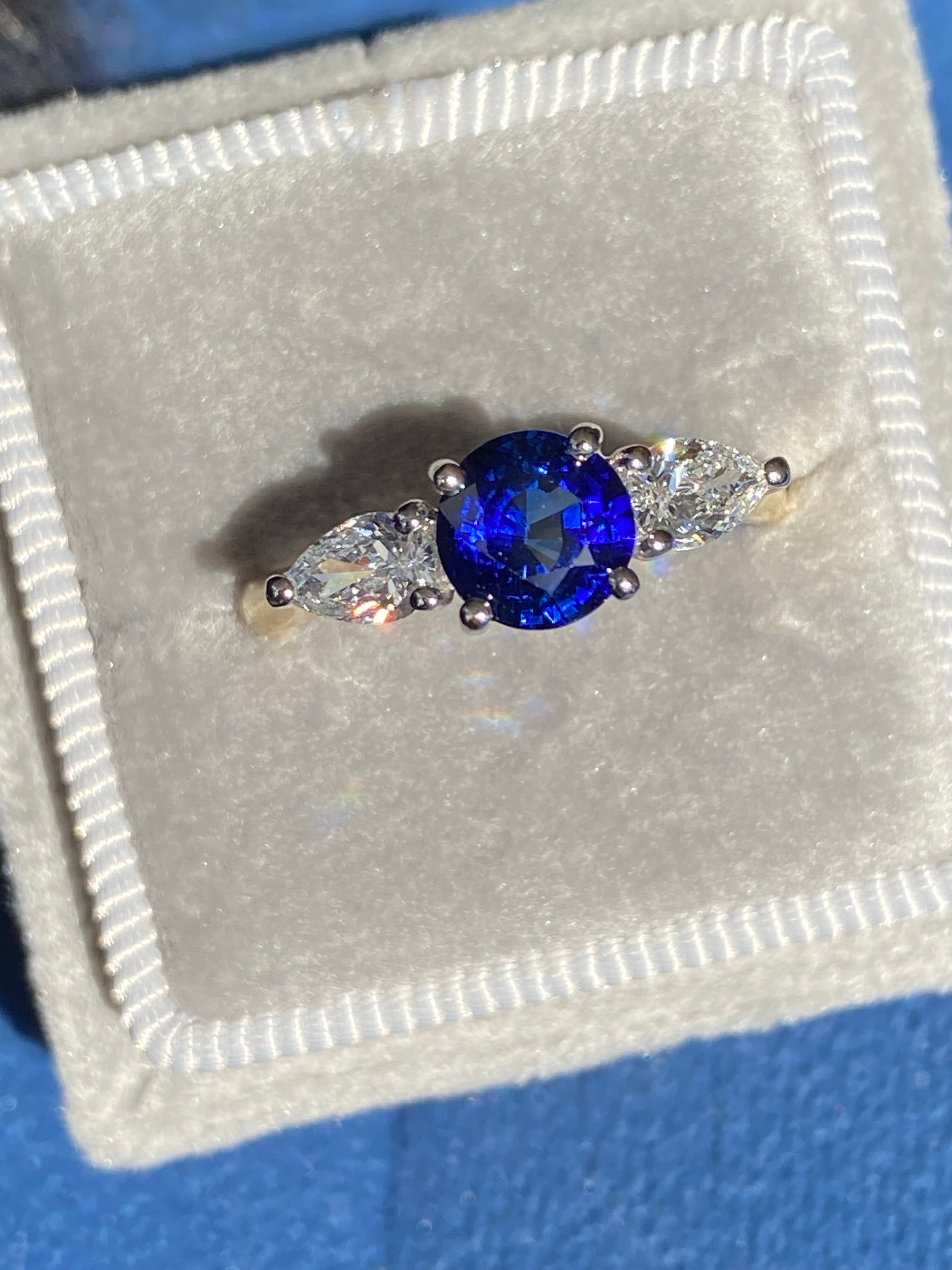 1.52 CTW Blue Ceylon Sapphire and Natural Diamond Three Stone Engagement Ring in Platinum and 18ct Yellow Gold