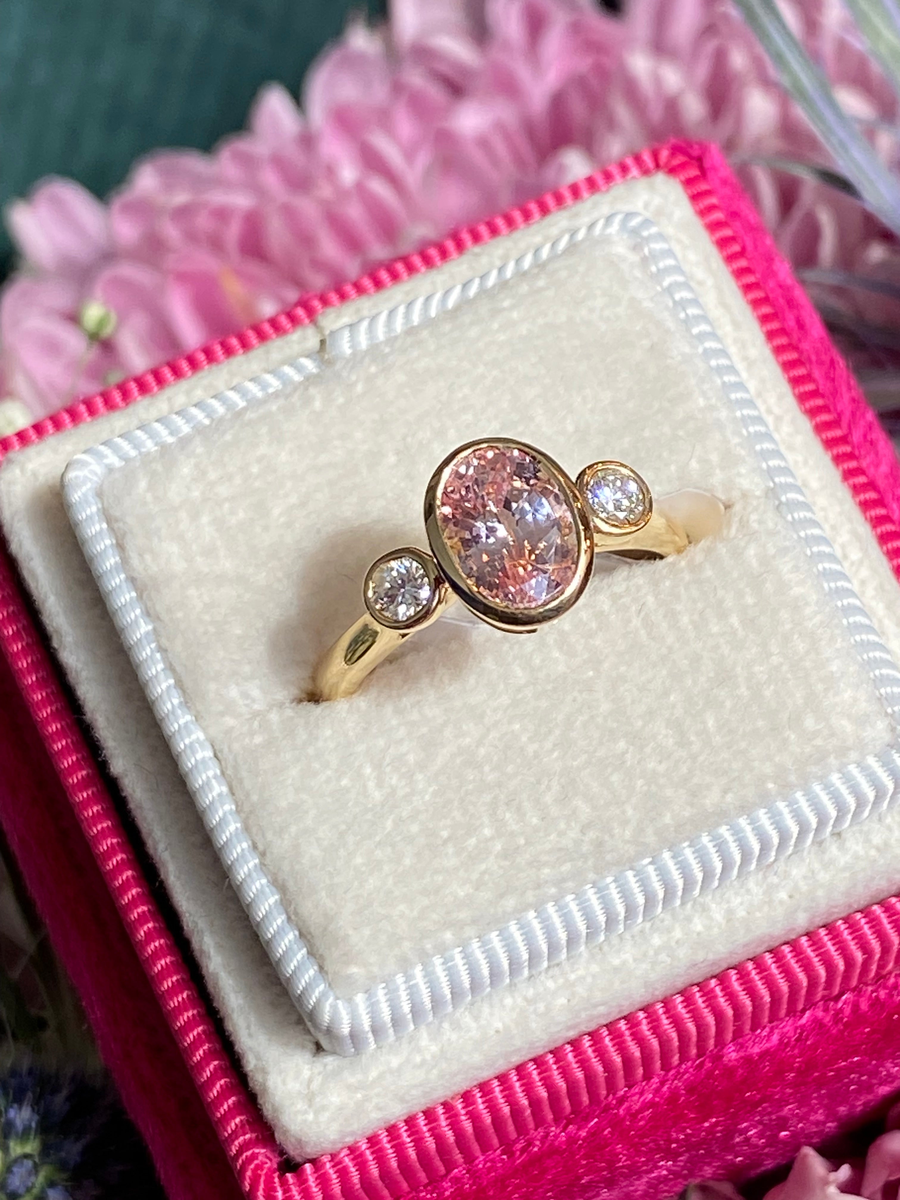 2.02 CTW Peach Sapphire and Natural Diamond Three Stone Ring in 18ct Yellow Gold