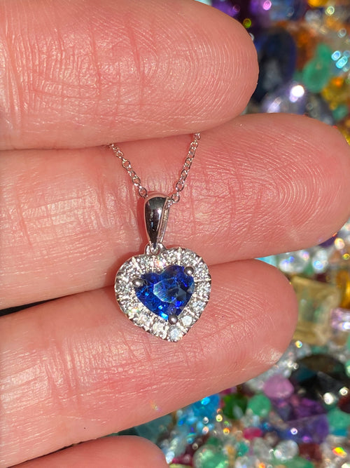 1.11 CTW Heart Shaped Ceylon Sapphire and Natural Diamond Pendant Necklace in 18ct White Gold