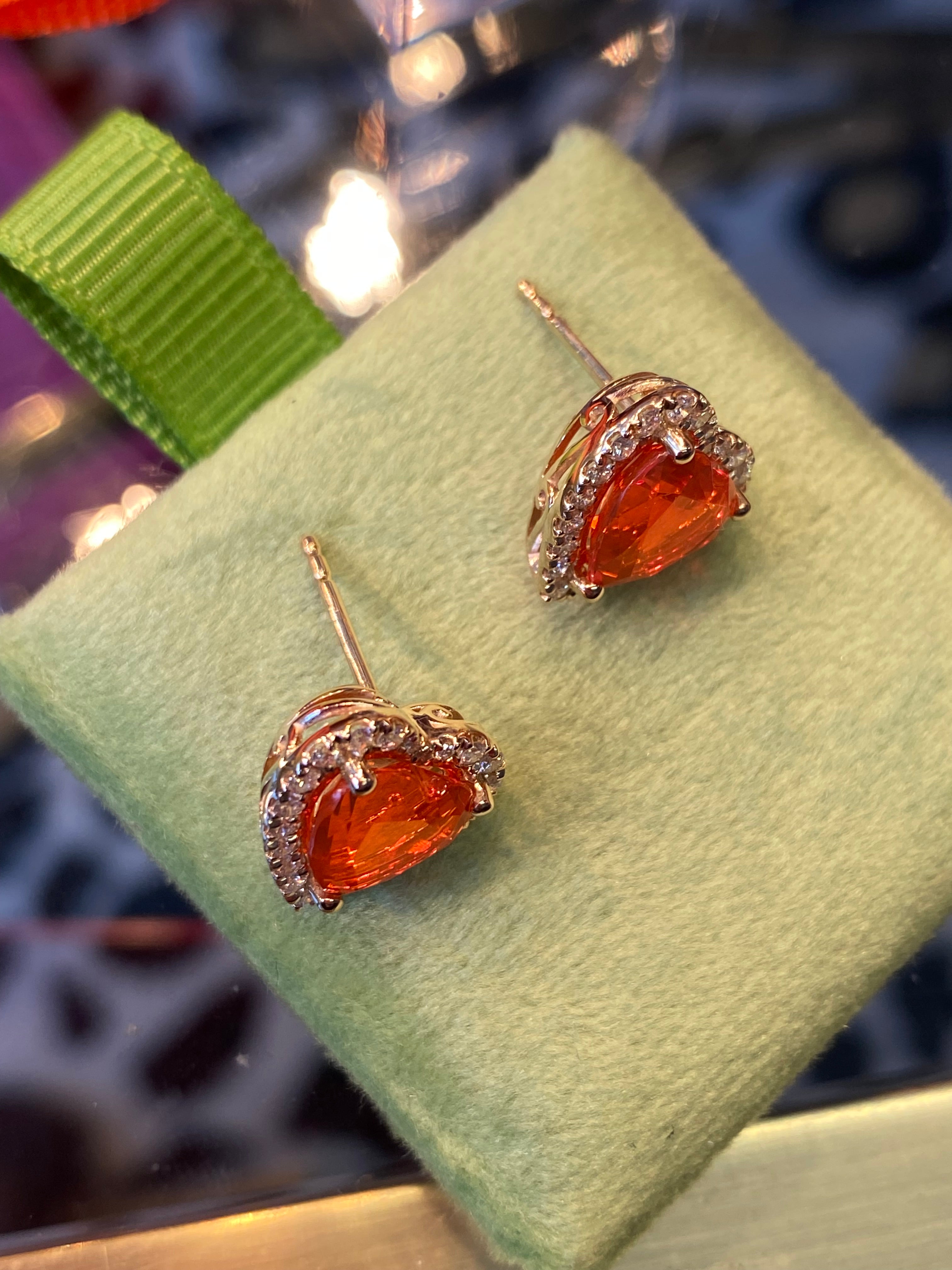 Heart Shaped Fire Opal and Natural Diamond Stud Earrings in 9ct Yellow Gold