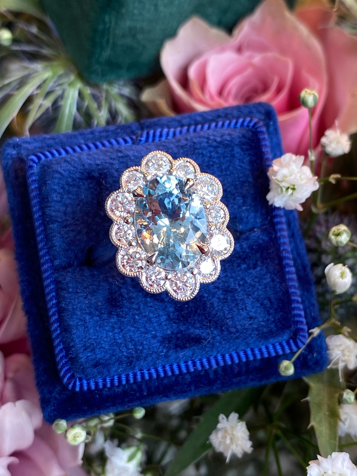 4.09 CTW Oval Cut Aquamarine and Natural Diamond Halo Engagement Ring in Platinum