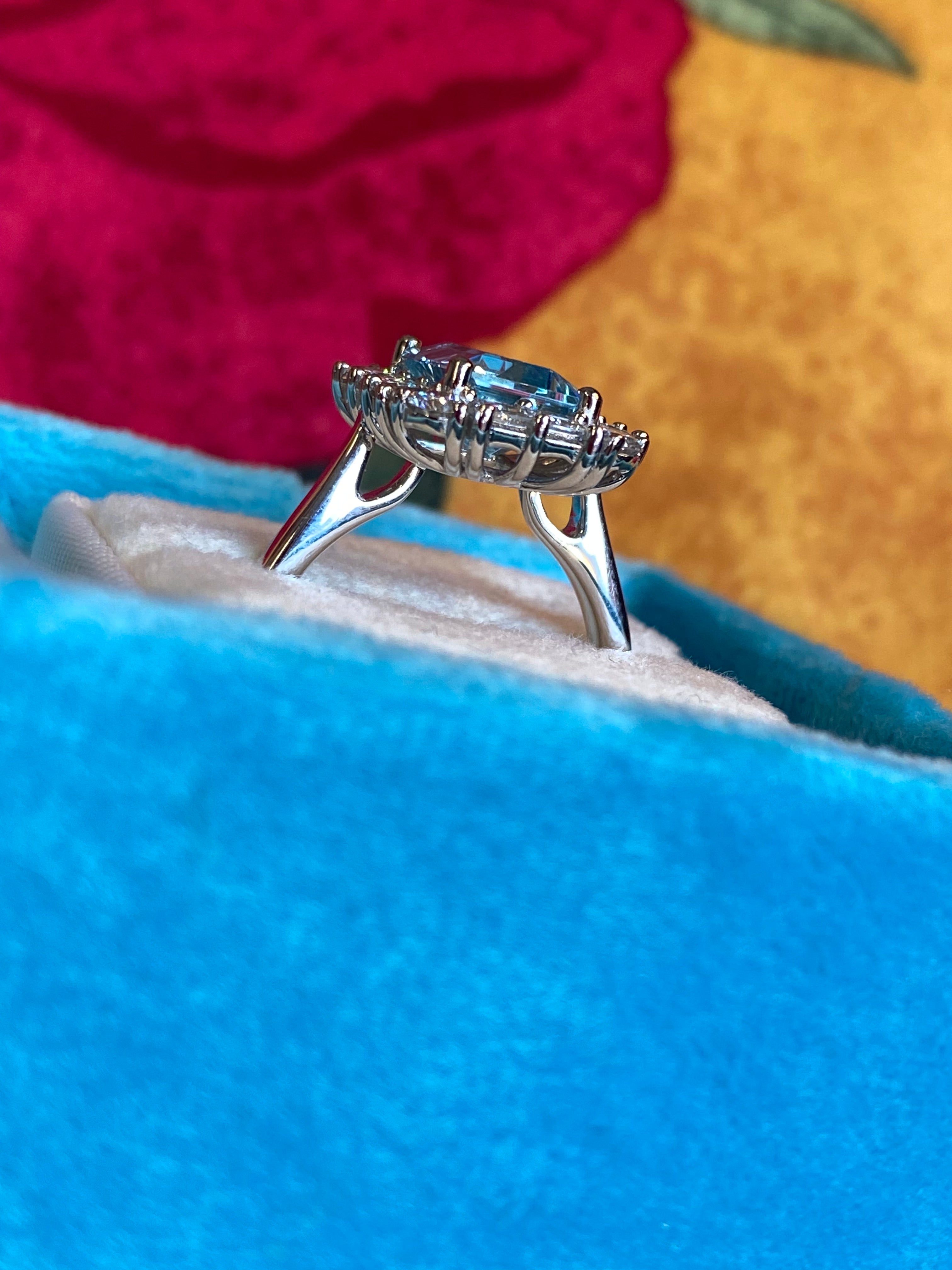 3.12 CTW Emerald Cut Aquamarine and Natural Diamond Halo Engagement Ring in Platinum
